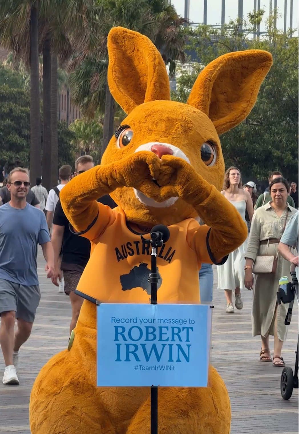 Replying to @courtney on one leg Good luck tomorrow @Robert Irwin! 🕺   Ruby the 'roo and her mates across Australia are cheering you on back home - Go get 'em! 👏    #SeeAustralia #ComeAndSayGday #TeamIrwinIt @Dancing with the Stars #DWTS    ID: A video shows Ruby the souvenir kangaroo placing a microphone in the street, followed by a series of people approaching the microphone in different locations, wishing Robert Irwin good luck.