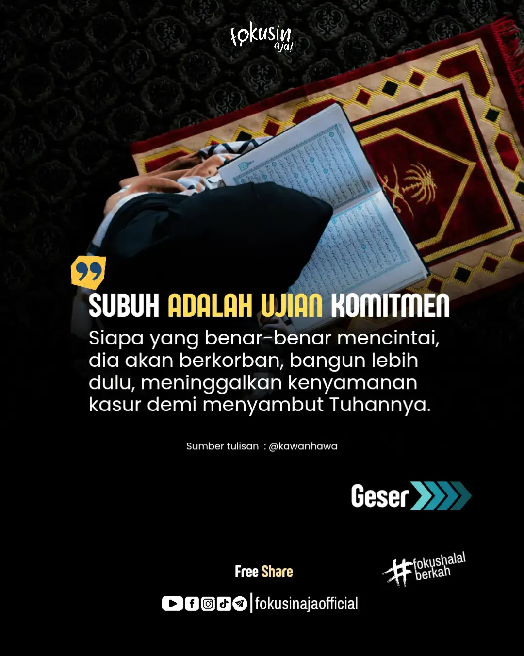 Bismillah,  Shalat itu terlihat mudah dilakukan, tapi faktanya akan sangat sulit bagi mereka yang terbuai oleh urusan dunia yang melalaikan.  Yuk teman-teman pengusaha tetap maksimal dalam ikhtiar bisnis halalnya, tapi jangan lupa bersujud pada Allah yang senantiasa memudahkan segala urusan bisnis kita semua. Tetap taat, tetap fokus pada yang halal dan berkah, fokusinaja!. Sumber tulisan : kawanhawa  #pengusahamuslim #hijrah #halallifestyle 