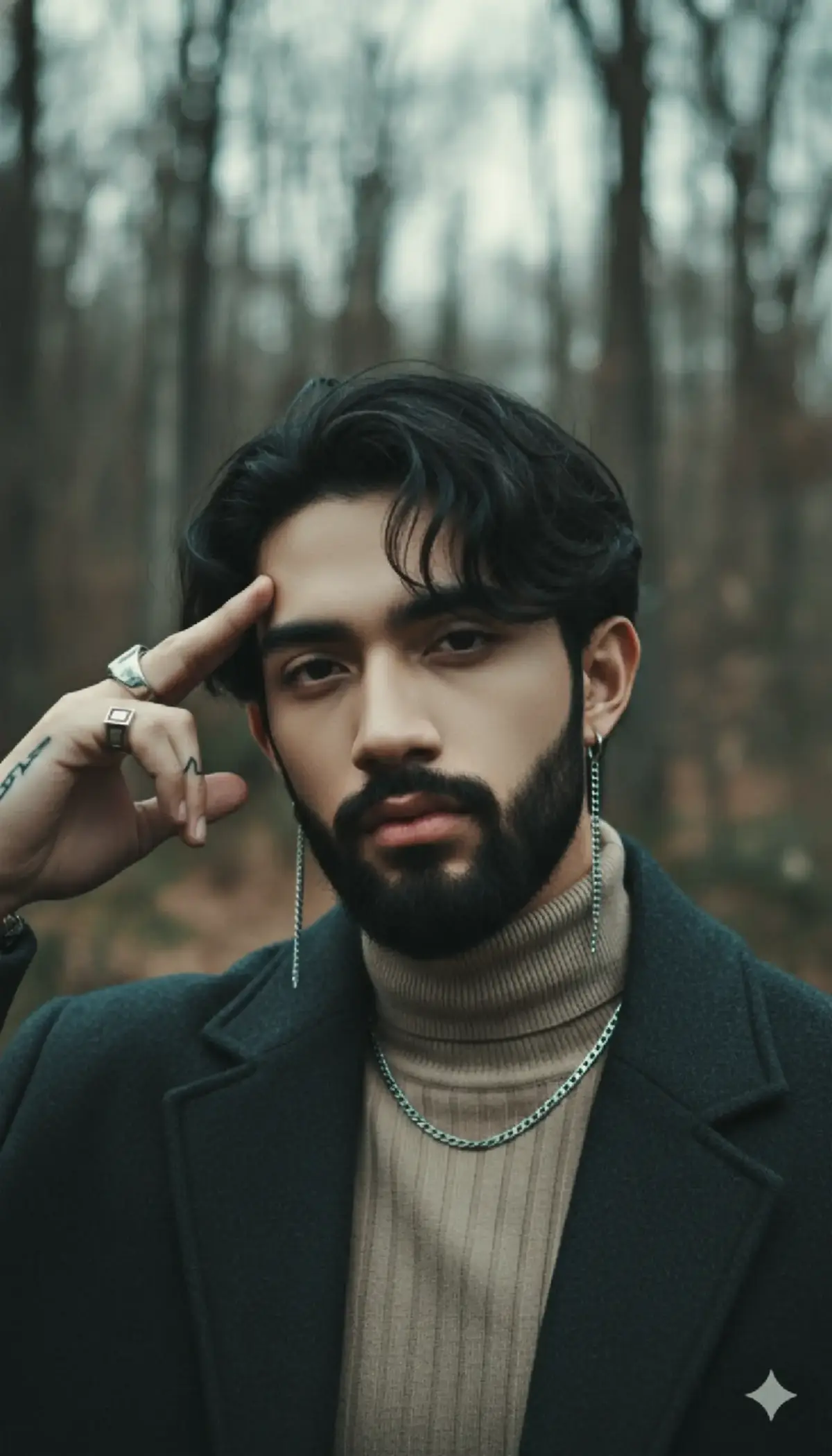 an ultra realistic and sharply intimate, hyper-stylized portrait of a young man(reference) , deliberate confidence. His dark, tousled hair frames his face in soft waves, while his gaze locks onto the viewer with a calm, unshaken intensity — the kind that feels both magnetic and unreadable. His skin appears smooth and sculpted under the gentle outdoor light, giving him a polished, almost cinematic presence. He raises his hand beside his temple in a poised, symbolic gesture, fingers adorned with bold rings and subtle tattoos that add a rebellious undertone. Long, silver chain earrings sway lightly from his ears, catching soft highlights that echo the cool sheen of the chain around his neck. His beige turtleneck contrasts elegantly with the dark coat layered over it, creating a balanced, muted palette that feels modern and quietly luxurious. The background is softly blurred — hints of trees, muted earth tones, and natural winter light — giving the entire image a serene, forest-edge ambience. The mood is crisp and controlled, blending fashion editorial sharpness with a moody, cinematic undertow. The frame feels like a still from a quiet, stylish drama, charged with subtle attitude and unspoken depth. request aja #nanobanana #foryourpagetiktok #aesthetic #cinematic #geminiprompt 