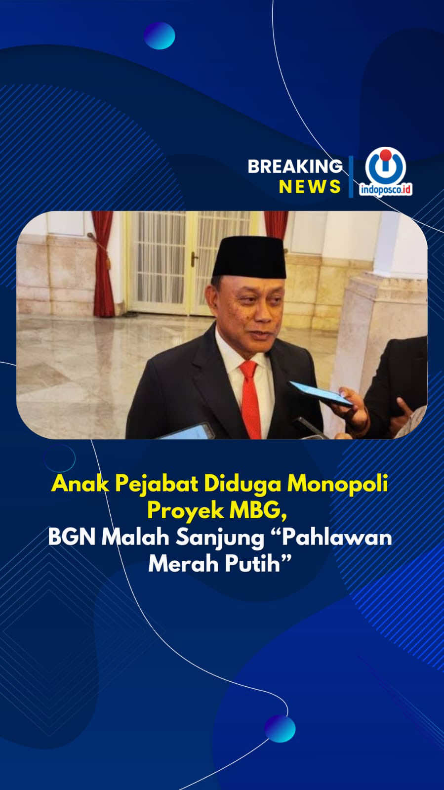 Anak Pejabat Diduga Monopoli Proyek MBG, BGN Malah Sanjung “Pahlawan Merah Putih” INDOPOSCO.ID – Badan Gizi Nasional (BGN) memilih tidak mengambil sikap soal anak Wakil Ketua DPRD Sulawesi Selatan Yasir Machmud, Yasika Aulia Ramadhani yang diduga memonopoli pengelola Satuan Pelayanan Pemenuhan Gizi (SPPG) di Sulawesi Selatan. Pemerintah malah menghargai tindakan tersebut. “Tidak ada (tindak lanjut), kami menghargai mereka. Mereka itu adalah pejuang merah putih kita,” kata Kepala BGN Dadan Hindayana di Jakarta dikutip Selasa (18/11/2025).