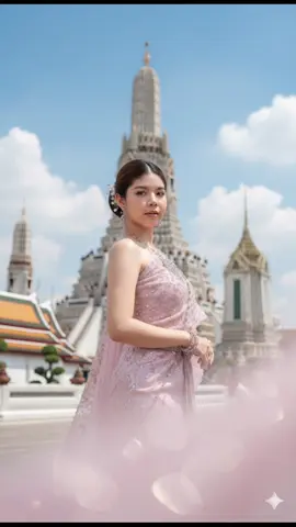 หญิงสาวตามภาพใบหน้าคงเดิม100% สวมชุดไทย สวยงามสีชมพูระยิบระยับ ยืนหันหลังพลางหันหน้ามองกล้อง อย่างสง่างาม อยู่ด้านหน้าวัดอรุณราชวราราม กรุงเทพมหานคร ประเทศไทย ชุดมีลวดลายปักละเอียดและประกายแสงระยิบระยับ พลิ้วไหวคล้ายละอองในภาพด้านหน้าแบบเบลอผสมโบเก้ ผมเกล้า เรียบติดเครื่องประดับดอกไม้สีเงิน พร้อมใส่เครื่องประดับหรูหรา ด้านหลังคือพระปรางค์และสถาปัตยกรรมวิจิตรของวัดอรุณ ตระหง่านกลางท้องฟ้าสีฟ้าสดใสปนเมฆนุ่ม ๆ ภาพโทนสมจริง ราย ละเอียดคมชัด สีสันสดใส ภาพถ่ายสไตล์มืออาชีพ 8K. #Gemini #prompt #สร้างภาพจากAi #สร้างภาพจากgemini #แจกคําสั่งgeminiสร้างภาพ 