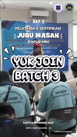 Pelatihan dan Sertifikasi Juru Masak MBG Setelah sukses menyelenggarakan Batch 1 dan 2, kini kami hadir untuk menyelenggarakan Batch 3 Diikuti oleh delegasi SPPG se-Jawa More info yuk follow & chat admin 😊 #chefmbg #fyp #jurumasakmbg #sertifikasibnsp #ahligizi  @badangizinasional.ri 