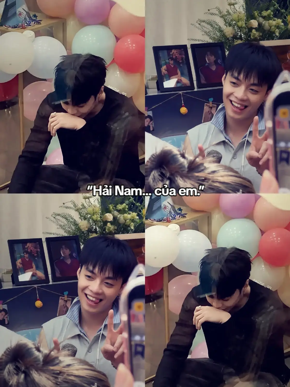 Ánh đèn đỏ tím của quán bar loang loáng trên gương mặt Thành An, khiến da cậu càng trắng, đôi mắt càng long lanh như thể nước cũng muốn tràn ra. Đã vậy còn mặc cái hoodie rộng thùng thình, tóc hơi xoăn nhẹ trước trán nhìn tới mức chỉ muốn túm vào ôm cho chặt. Hải Nam đứng cạnh bàn, dựa tay lên ghế, áo đen ôm body, cổ áo hơi trễ. Dù là trap boy chính hiệu, tối nào cũng lượn bar như cơm bữa, nhưng từ khi có cái đuôi nhỏ tên Thành An… anh lại đâm ra biết suy nghĩ nhiều thứ. N: “Đi theo tôi làm gì, bar đâu phải chỗ cho nhóc.” An bám ngay cánh tay anh, mặt ngẩng lên, đôi mắt to ngây ngô: A: “Em theo để coi anh có hư không.” Nam bật cười khẽ, véo má cậu: N: “Tôi hư thì làm sao? Nhóc tính phạt được tôi à?” A: “Em méc mẹ anh.” Nam khoanh tay, cười thành tiếng. N: “Ghê quá. Rồi muốn uống gì?” A: “Cam ép! Nhưng phải là anh gọi!” Nam vẫy bartender, gọi một ly nước cam cho cậu nhóc đang cúp đuôi theo sau. Nhưng đúng cái kiểu bar quen của anh vừa ngồi xuống đã có vài cô gái nhận ra, lắc ly cocktail tới gần. Cô 1: “Nam? Nay đi một mình à? Lâu không gặp đó nha.” Cô 2 áp sát vào ghế anh, nghiêng đầu nhìn An:  Cô2: “Bạn nhỏ này dễ thương vậy? Em của anh hả?” Nam chưa kịp mở miệng thì vài gã trai lại thấy An cute quá nên tìm cách bắt chuyện. Gã 1: “Này em, uống gì để anh gọi cho?” Gã 2: “Nhìn em ngọt quá, chắc hợp Mojito lắm.” An hơi giật mình, siết ly nước cam. Đôi mắt đảo qua lại giữa những gã đàn ông và nhóm chị gái đang cười nói với Nam. Trong lòng nhói lên thứ cảm giác khó chịu, giống như đang bị ai đó cướp mất đồ của mình. Nam thấy hết. Từng ánh nhìn, từng nhíu mày, từng lần cậu bé nhích lại gần người anh. Nhưng anh vẫn im, thử xem nhóc phản ứng tới đâu. Một giây, hai giây. Đến khi cô gái để tay lên vai Nam—Bộp. Thành An phi tới ôm eo Nam thật nhanh, mặt dụi vào hông anh như con mèo con bảo vệ chủ. A: “Mấy chị làm gì vậy… Hải Nam của em mà ><” Không khí đứng hình trong một giây.Nam nhìn xuống, thấy cái đầu nhỏ đang cọ sát anh vì ghen. Khóe môi anh cong thành nụ cười bất lực nhưng đầy cưng chiều. N: “Rồi rồi. Hải Nam của em. Nhóc khỏi phải dựng cờ tuyên bố chủ quyền vậy đâu.” An ngước lên, má đỏ ửng: A: “Nhưng… em không thích ai đụng vào anh.” Nam chống tay lên thành ghế, kéo An ngồi lên đùi mình thẳng thừng khiến mọi người phải tản ra. N: “Đi chỗ khác đi. Đây là người của tôi.” Vài cô gái xấu hổ, cười trừ rồi bỏ. Mấy gã trai cũng lùi luôn. Nam nghiêng đầu nhìn An, giọng thấp và hơi khàn vì tiếng nhạc: N: “Ghen tới mức ôm tôi trước mặt  bar luôn hả nhóc?” An cúi mặt, lầm bầm: A: “Anh là của em… ai cũng thấy vậy là tốt… để không ai tới gần nữa.” Nam bật cười, xoa nhẹ gáy An: N: “Nhóc sợ bị cướp tôi hả?” A: “…Ừ.” N: “Ngốc.” Nam đặt tay lên eo cậu, kéo gần lại, giọng trầm xuống: N: “Tôi là trap boy. Nhưng có mỗi một đứa khiến tôi muốn ngoan lại.” An ngước lên hỏi A: “Ai?” Nam chạm trán cậu, hơi thở nóng, ánh đèn hắt qua đôi mắt sắc bén: N: “Thành An của tôi.” An đỏ từ tai xuống cổ: A: “Vậy… vậy anh đừng cho mấy chị kia đụng vào nữa.” N: “Nếu tôi lỡ cho ai đụng vào thì nhóc tính làm gì?” An nheo mắt, trừng bằng cái dáng đáng yêu nhất đời: A: “Em ôm anh trước mặt họ tiếp.” Nam phì cười: N: “Dám không?” A: “Có!!” Nam véo má cậu, kéo sát hơn, đặt cậu trên đùi như ôm kho báu: N: “Được. Vậy từ giờ… nhóc ngồi cạnh tôi như vậy suốt đêm. Khỏi chạy lung tung để người ta nhìn.” An nhỏ giọng: A: “Về sau anh đi bar là phải dắt em theo.” Nam nhướn mày: N: “Quản tôi dữ vậy?” An chớp mắt: A: “Trap boy dễ thay lòng.” Nam bóp nhẹ eo cậu: N: “Yên tâm. Tôi bị nhóc giữ mất rồi.” An cười khúc khích, tay giữ chặt áo Nam như sợ anh biến mất. Nam cúi xuống, thì thầm ngay tai: N: “Nhóc mà còn nói câu ‘Hải Nam của em’ nữa… tôi bế về thật.” An đỏ mặt, vùi vào ngực anh: A: “Hải Nam… của em.” Nam khựng lại một nhịp. Rồi siết cậu vào tay, cười khẽ: N: “…Ừ, của em.” ___________ Hải Nam của em>< #hainam #negav #hainamnegav #stella_gr౨ৎ 