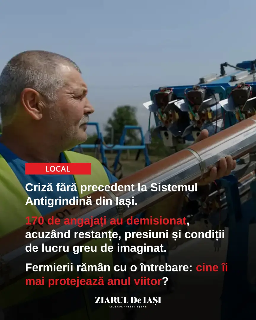 Demisii în lanț la Sistemul Antigrindină din Iași. Peste 170 de angajați acuză condiții inumane, restanțe la contribuții și presiuni din partea conducerii. Stația Antigrindină din Iași este zguduită de un val fără precedent de demisii: aproximativ 170 de angajați, inclusiv directorul zonal, au renunțat la posturi. Oamenii reclamă întârzieri la plata contribuțiilor sociale, salarii întârziate, lipsa apei curente, încălzire improvizată și temperaturi insuportabile în punctele de lansare. Conducerea companiei Intervenții Active în Atmosferă admite o parte din întârzieri, dar respinge acuzațiile privind salariile și susține că activitatea operațională continuă prin relocarea personalului și noi angajări. #antigrindina #iasi #agricultura #fermieri #munca #proteste #demisii #interventiiatmosferice