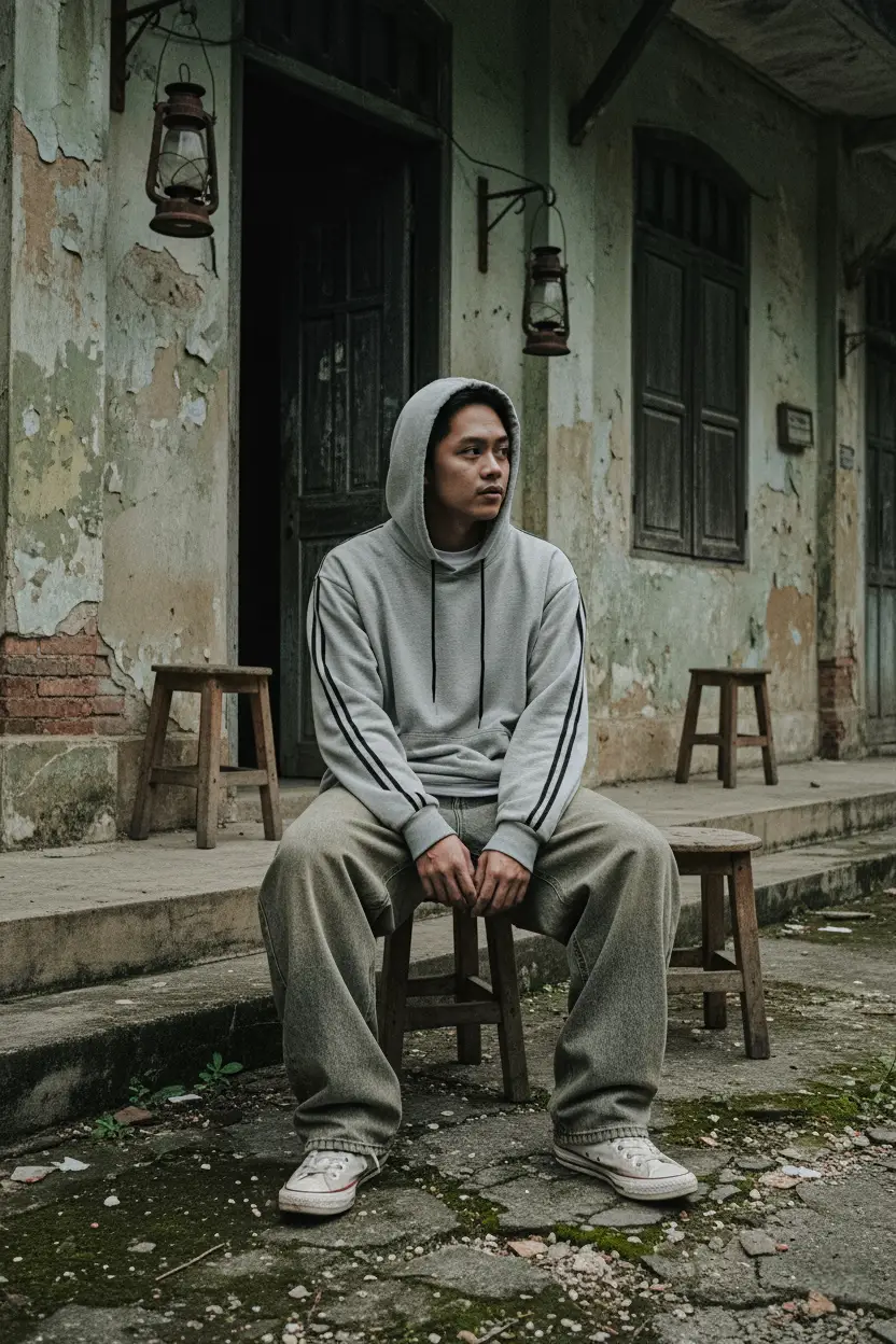 langsung aja  Prompt : A full-body portrait of a young male with a slim build, his facial features perfectly matching the reference image. He sits in front of an old, decaying building with heavily peeling paint, cracked stained walls, dark weathered wooden shutters, and rough concrete textures. The steps and ground are uneven, dirty, and covered with small debris, moss, and chipped surfaces. Old wooden stools surround him, worn down, scratched, and splintered. Two rusted lanterns hang near the entrance, adding to the gritty, abandoned atmosphere. The overall scene has a strong **grunge aesthetic**—raw, dirty, broken, and textured. He sits on a small distressed wooden stool with a relaxed but slightly tense posture. His **hoodie is worn with the hood up**, shadowing parts of his face and adding a mysterious, rugged feel. His head is turned to the side, looking away in a detached, introspective manner that matches the reference pose. He wears an oversized light grey hoodie with black stripes down the sleeves, but now the fabric looks slightly worn, creased, and imperfect. A white inner shirt peeks out from underneath. His jeans are extremely oversized, super-wide, ultra-baggy, with heavy draping and a faded, distressed, rough-washed texture—almost torn at some edges, enhancing the grunge look. His classic white Converse sneakers appear dirtied, scuffed, and aged, blending into the gritty environment. Lighting is soft but harsh in mood, with deeper shadows, rough contrast, and a muted, dirty, desaturated palette. The color grading leans into **dark grunge tones**—cold, moody, slightly greenish or brownish shadows, with gritty textures emphasized. The image feels raw, atmospheric, and film-like, as if shot on a grimy analog camera with high texture detail and a 35–50mm lens. #Photolab #Prompt #kceut #AI #NanoBanana 