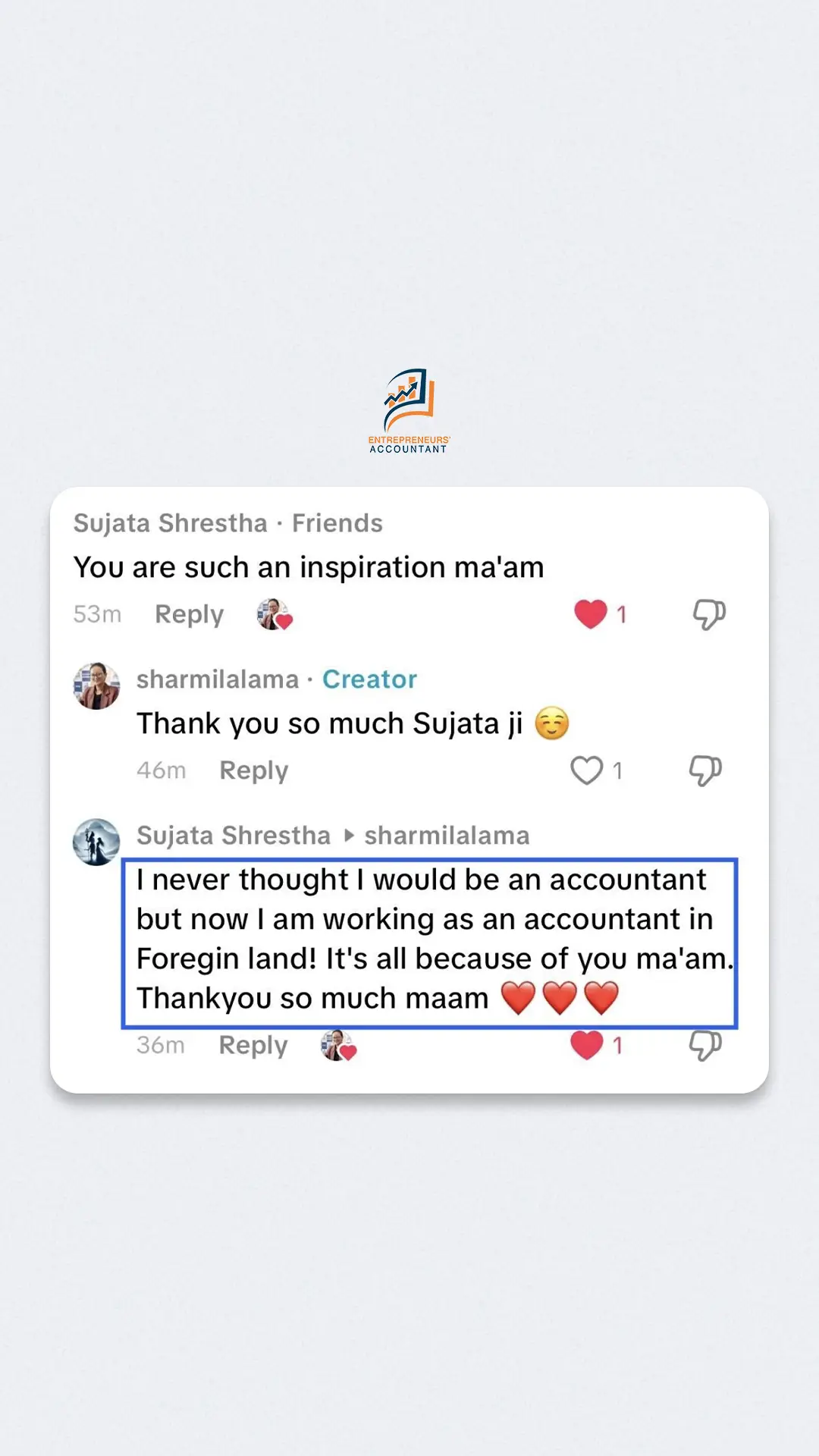 हामिले Practical Skills सिकेर Knowledge Gain गर्न सक्यौं भने नेपालमा मात्रै नभएर Out Of Country मा पनि राम्रो Position मा Job गर्न सक्छौँ । हाम्रो Advanced Course लिनु भएको Sujata जी ले आफुले Practical Skills सिकेर, Dubai मा As An Accountant Job गर्दै हुनुहुन्छ, हाम्रो Course बाट सिकेको कुराहरु Implement गर्दै र उताको TAX/VAT र Accounting System बुझ्दै  राम्रो Company मा Accounting Job पाउँनुभएको छ।  तपाइँहरुलाई पनि Accounting Abroad मा काम लाग्छ लाग्दैन भन्ने Doubt हुनसक्छ आफुले Skills सिकेर गएपछि Job पाइन्छ Confidence बढ्छ। Abroad जाँदै हुनुहुन्छ तर कुन Position मा Job गर्नेहोला भनेर Confusion मा हुनुहुन्छ भने Accounting सिकेर Ready भएर जान सक्नुहुनेछ। Congratulations to Sujata and best wishes for your Accounting career. #careers #accountingtraininginnepal #accountant #accounting #accountantsoftiktok 