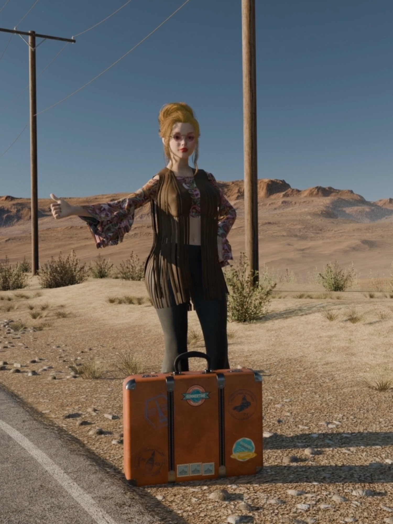 Desert Hitchhiker Meets a Free-Spirit Surfer on the Road to the Ocean #psychedelicVibes #60sAesthetic #hippieVan #sunsetRoadtrip #desertHitchhiker #groovyEnergy #paintedVan #retroFantasy #freeSpiritGirl #sexVibeAtmosphere