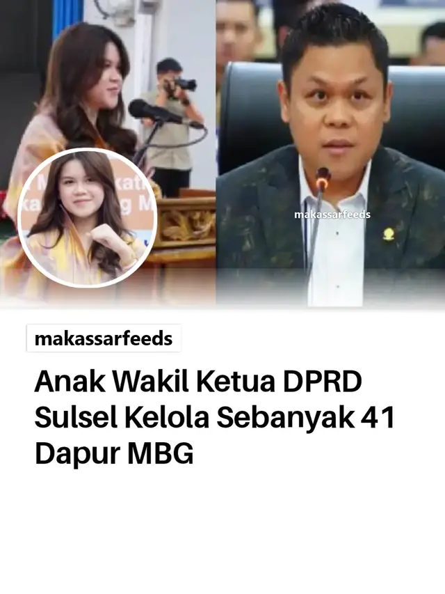 Yasika Aulia Ramadhani, putri sulung Wakil Ketua DPRD Sulsel Yasir Machmud, kembali mencuri perhatian publik. Namanya disorot karena perannya dalam mengelola program Makan Bergizi Gratis (MBG) di Sulawesi Selatan (Sulsel). Sebagai Pembina Yayasan Yasika Group, ia membawahi 41 Satuan Pelayanan Pemenuhan Gizi (SPPG) yang tersebar di berbagai daerah di Sulsel. Baru-baru ini, Yasika Group kembali memperluas jangkauan dengan meluncurkan 10 dapur SPPG baru di Kabupaten Bone. Salah satu dapur MBG yang berlokasi di Jalan Merdeka, Kelurahan Manurunge, Kecamatan Tanete Riattang, resmi dibuka pada Jumat (14/11/2025). Acara peresmian tersebut dihadiri sejumlah pejabat penting, di antaranya Wakil Gubernur Sulsel Fatmawati Rusdi, Ketua DPRD Sulsel Andi Rachmatika Dewi, Wakil Ketua DPRD Sulsel Yasir Machmud, Wakil Bupati Bone Andi Akmal Pasluddin, Ketua Komisi B Andi Irma, Anggota DPRD Sulsel Andi Abeng Salengketo, H. Muhammad, serta tamu undangan lainnya. Selengkapnya: [Tribunnews] #makassarfeeds