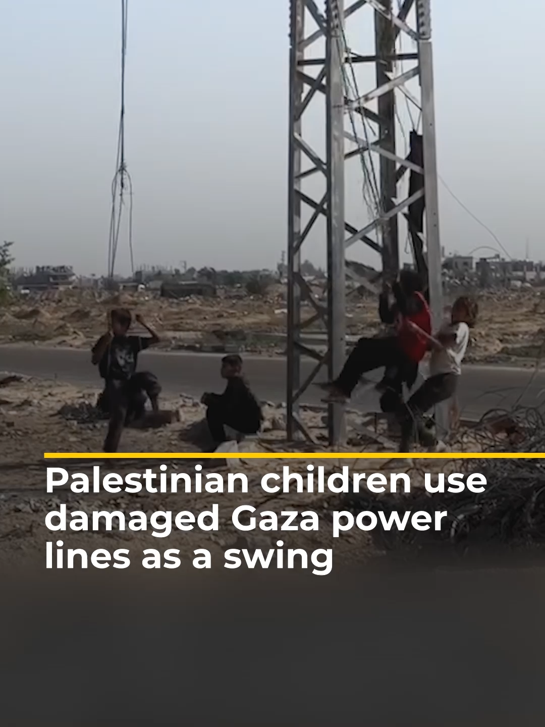 Video shows Palestinian children in Gaza using inoperative power lines as a swing. Israel has cut off electricity to the enclave since the beginning of its genocidal war. #news