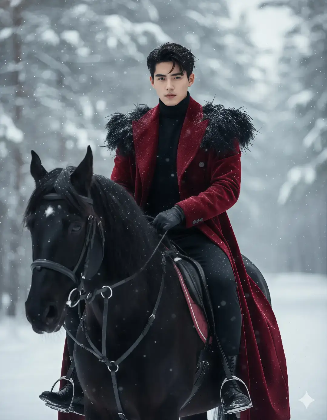 1. Open Gemini 📲 2. Upload Your Image 📸 3. Copy The Prompt 👇 Một bức chân dung điện ảnh và đầy kịch tính về một chàng trai trẻ, với mái tóc gió lộng, cưỡi trên lưng một con ngựa đen oai vệ giữa một khu rừng mùa đông hoang vắng, phủ đầy tuyết. Chàng mặc một chiếc áo len màu đen cổ lọ bên trong, áo khoác mangto dài màu đỏ đậm (chất liệu nhung, điểm xuyến những lông vũ màu đen) bên ngoài, nặng nề, bồng bềnh và quần tây đen được may đo tối màu, kết hợp cùng đôi bốt da cao cổ màu đen và găng tay tối màu. Ánh mắt hướng về ống kính. Ánh sáng dịu nhẹ và lan tỏa từ bầu trời u ám, tạo nên một bầu không khí u sầu và lãng mạn với độ sâu trường ảnh nông làm mờ đi những tán cây phía sau. Một lớp tuyết mỏng phủ trên tóc chàng, vai chàng và áo khoác chàng  Phong cách nhiếp ảnh biên tập, chi tiết siêu thực, ánh sáng điện ảnh, thẩm mỹ thời trang cao cấp, góc chụp cận 35mm, độ phân giải 8K, bố cục dọc (3:4) #KrisKhoaAI #Gemini #Trending #ForYou #Viral 