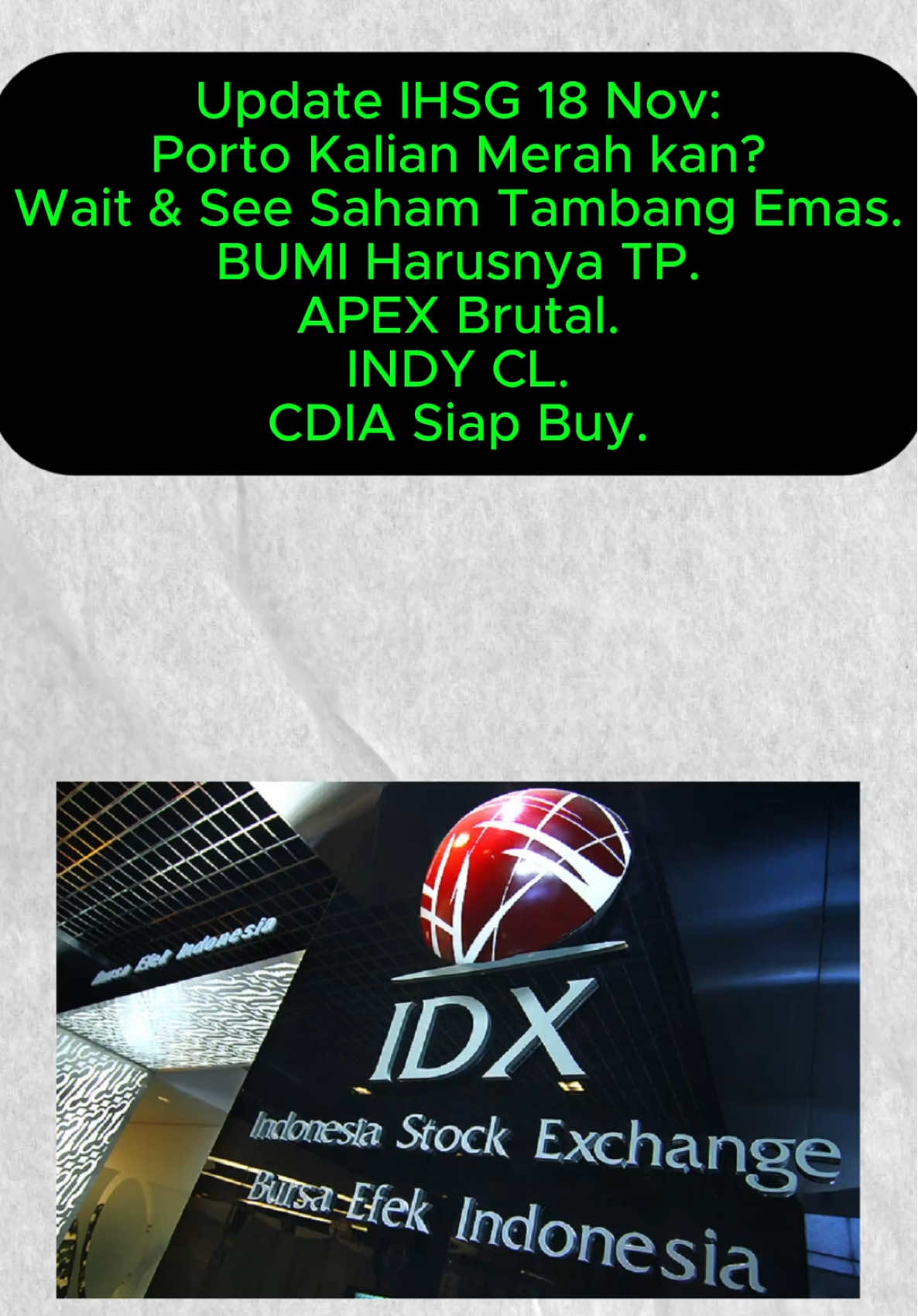 IHSG pesta koreksi harga. Ya ini normal sih, secara udah rally gede sejak bulan September. Emang perlu penguatan mental. Saham yang naik daun ya APEX, ara 2 hari. Mdka udah bisa buy sih. Raja juga masuk area buy lagi. #investorindonesia #sahamindonesia #analisasaham #sahambagus #investorsaham 