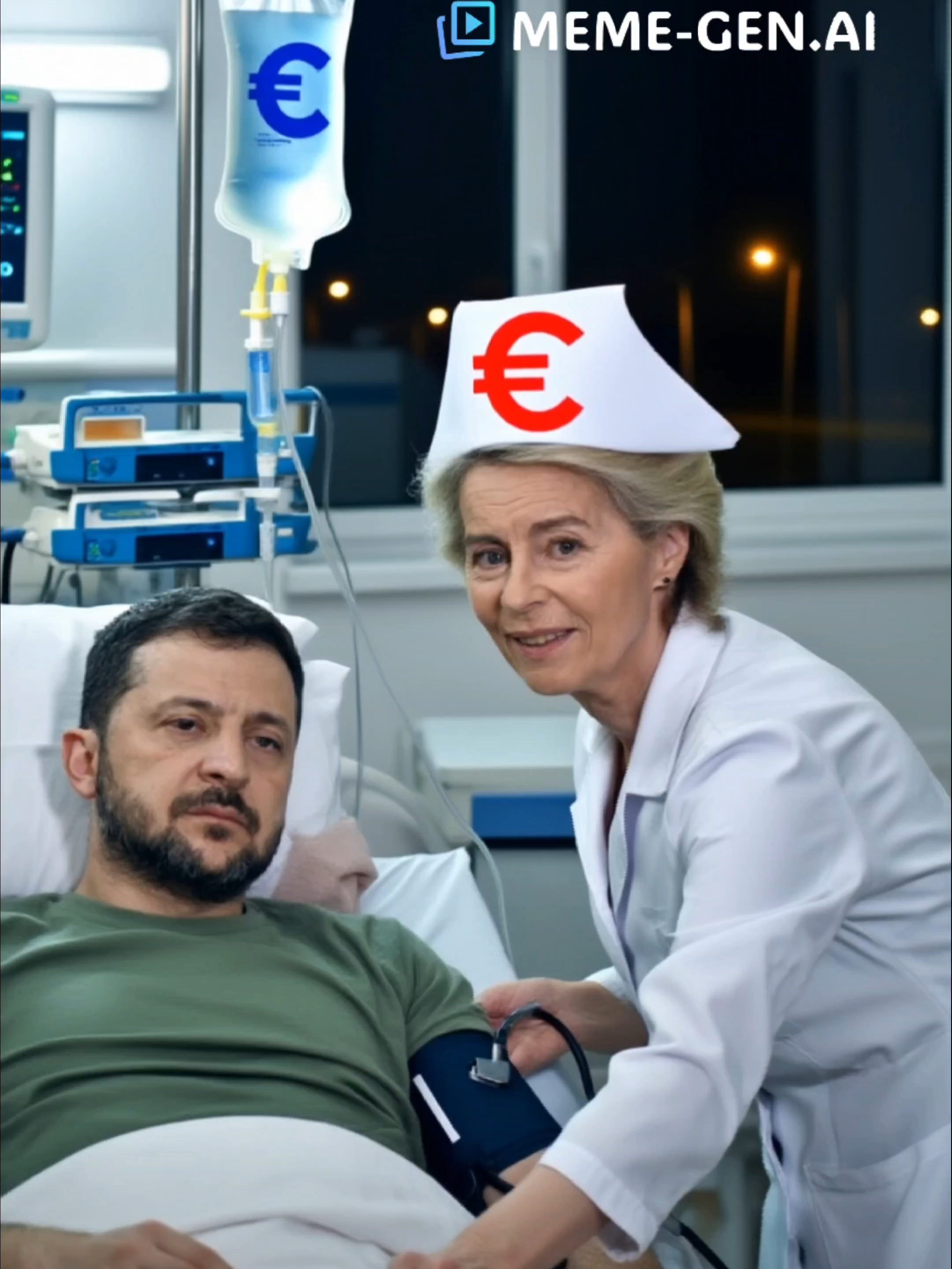 Night Nurse Ursula on duty… Zelensky on the €-drip… and Dr. Merz blocks EVERYONE. 😂💉💶 Klitschko security = no chance for visitors. #Zelensky #Ursula #Funny #NightNurse #MemegenAI