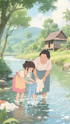 Air sungai mengalir 🏞️cerita dengan ibu pun ikut mengalir. Momen kecil yang selalu aku rindukan.💧👕 #ghibli  #pedesaanindonesia  #indonesia  #GhibliVibes  #anime 