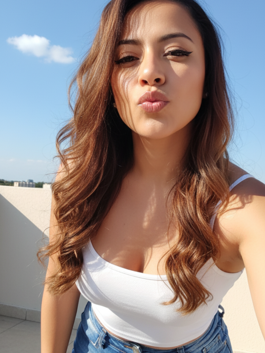 PROMPTS NOS COMENTARIOS  #gemini #foyo #viraltiktok  @sedutora:Crie uma imagem de uma mulher jovem e atraente, com cabelos castanhos longos e ondulados em um tom vibrante, posa para uma selfie ao ar livre sob um céu azul claro. Ela está olhando diretamente para a câmera com os lábios franzidos em uma pose de beijo. Seus olhos estão maquiados, com delineador e rímel, e suas sobrancelhas são bem definidas. Ela veste um top branco justo tipo regata com alças finas, revelando sua barriga e ombros. Na parte de baixo, usa uma minissaia jeans desfiada e justa, com detalhes rasgados na parte da frente. O fundo é um céu azul límpido com uma ou duas nuvens brancas e esparsas. A parte inferior do fundo mostra o topo de um edifício ou terraço de cor clara e monótona, sugerindo que ela está em um local elevado ao ar livre. A luz do sol é brilhante e direta, iluminando bem o rosto e o corpo da mulher. Não modificar o meu rosto