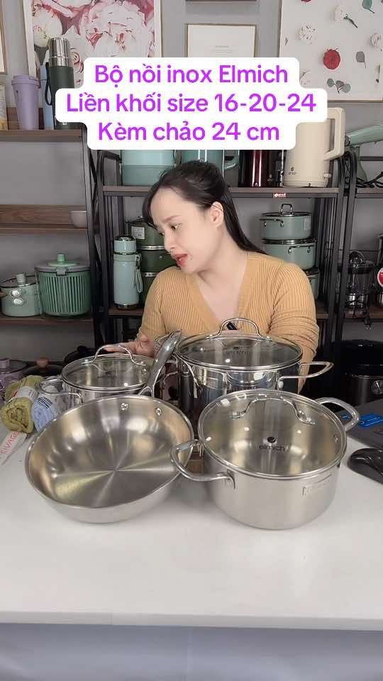 Bộ nồi inox liền khối size 16-20-24cm kèm chảo inox liền khối size 24cm Elmich #elmichreview #elmich #xuhuong #giadung #bonoi 