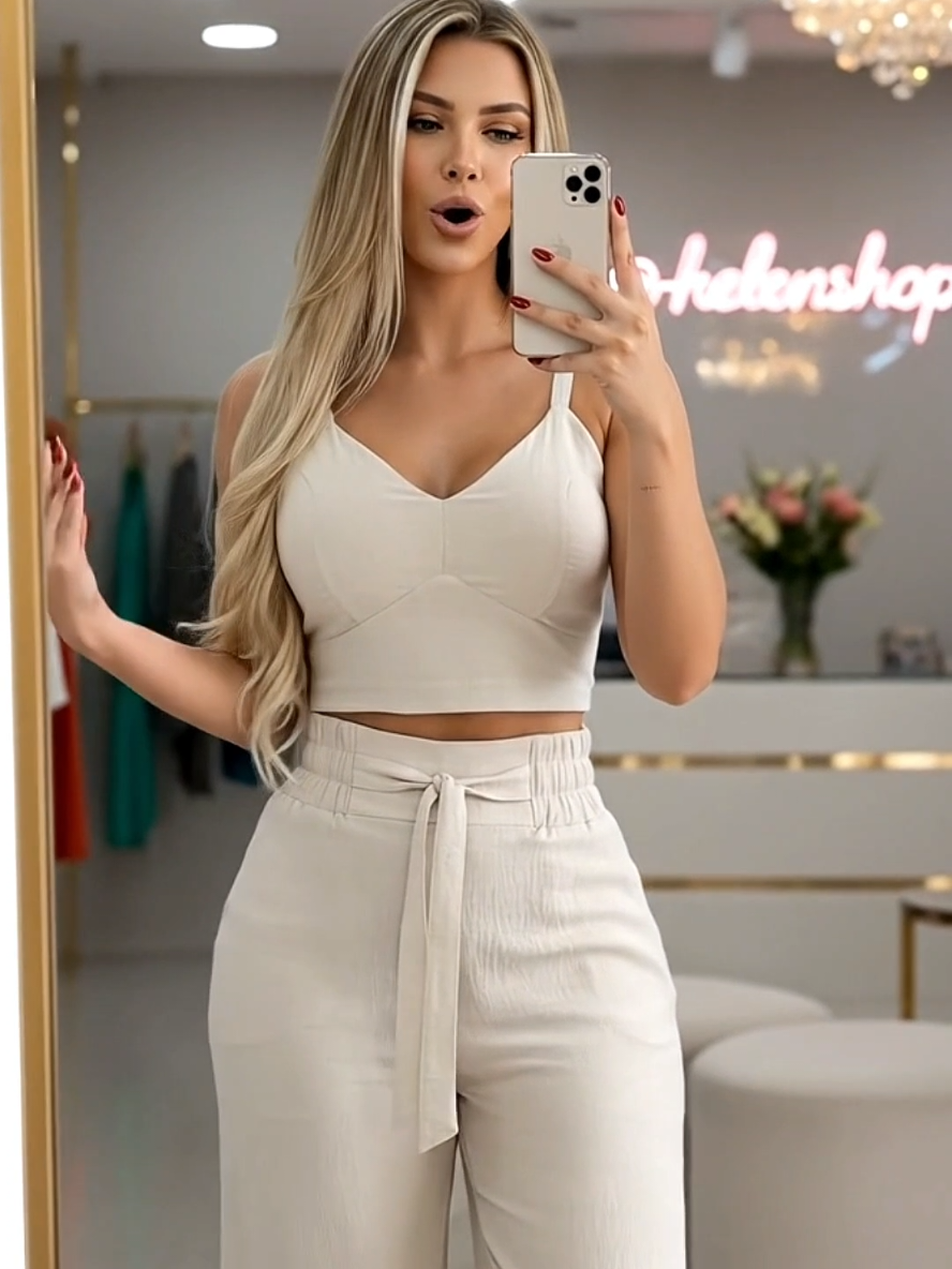 Conjunto Feminino Duna Calça Pantalona Cropped com Bojo e Alça Regulável