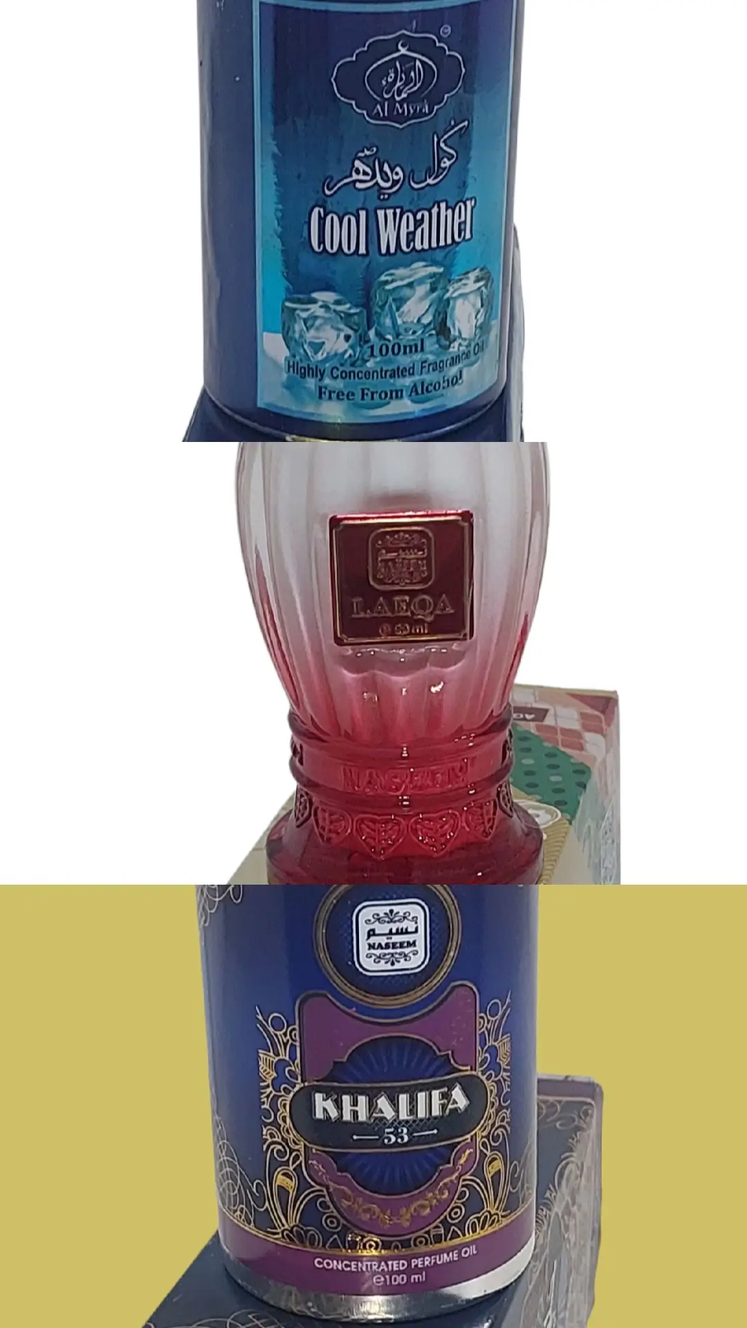 Laeqa Spiritual  Perfume- Attracts  Love And Affection   Khalifa 53 Spiritual  Perfume- Attract High Favour, Breakthrough And Powerful  Opportunities    Cool Weather Spiritual  Perfume-Attract Peaceful  Relationships, Favour And Smooth Interactions 