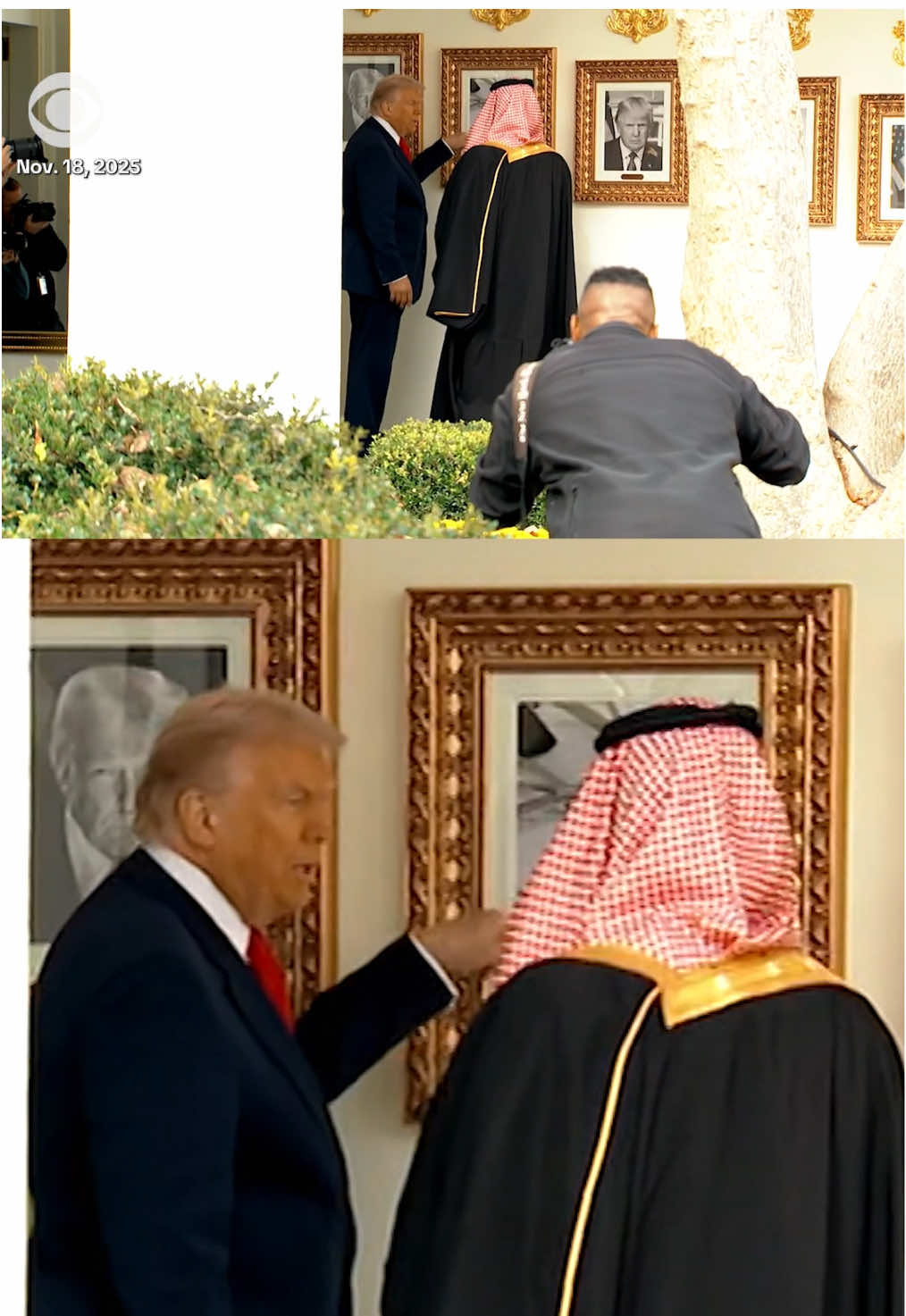 President Trump welcomed Saudi Crown Prince Mohammed bin Salman, known as MBS, to the White House with an elaborate military display Tuesday. After the arrival ceremony, complete with a U.S. military flyover, cannons, horses, and a red carpet, Trump and MBS were seen walking the White House’s “Presidential Walk of Fame.” The two stopped and spoke in front of a photograph of an autopen signature in the place of a portrait of former President Biden. #mbs #saudiarabia #crownprince #trump #biden 