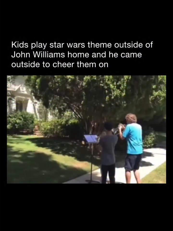 Two young musicians played the Star Wars theme on the sidewalk outside legendary composer John Williams house. He came out to greet them and compliment their performance.