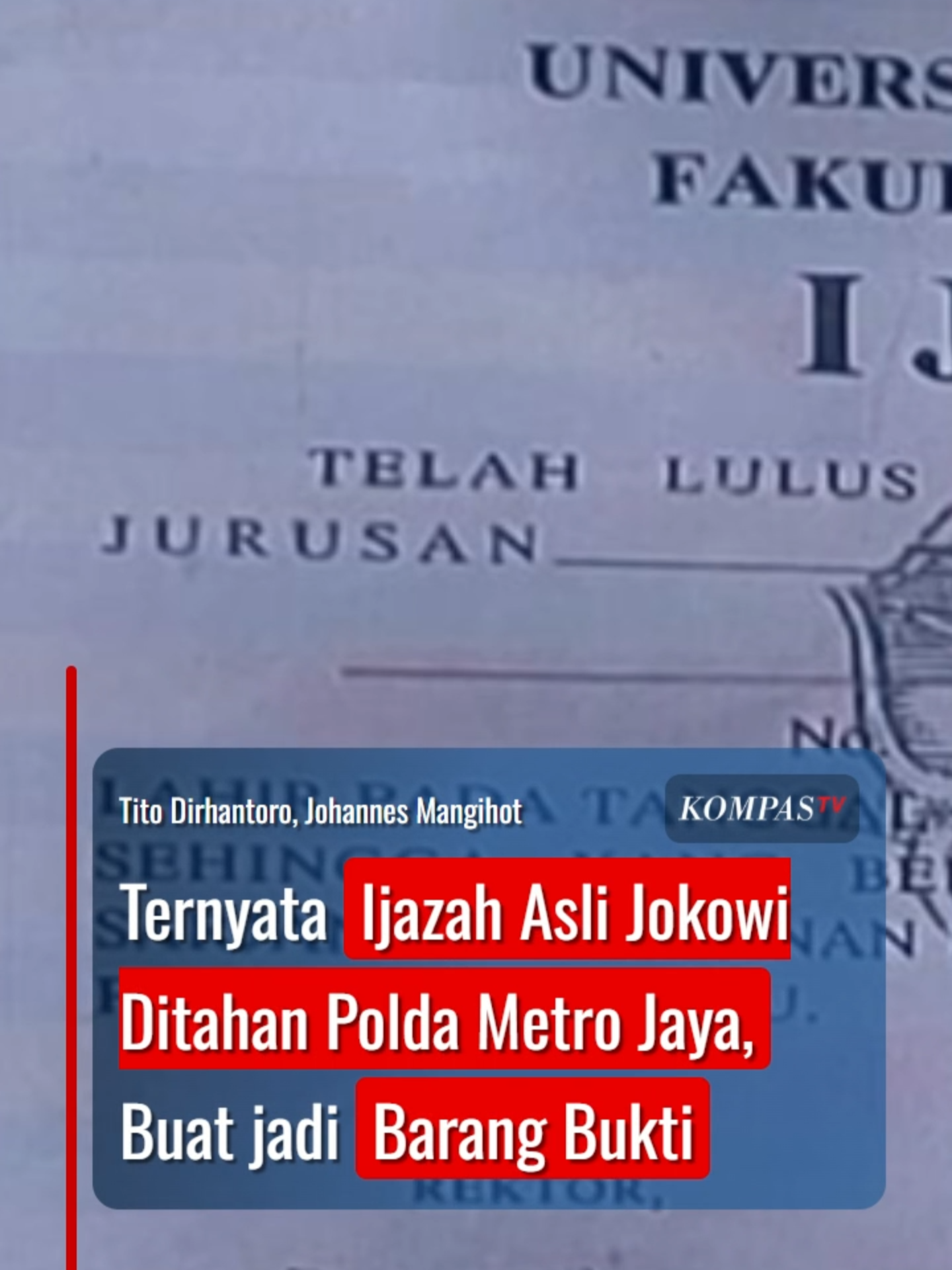 Ternyata Ijazah Asli Jokowi Ditahan Polda Metro Jaya, Buat jadi Barang Bukti Polda Metro Jaya mengungkapkan mengenai keberadaan berkas ijazah asli milik Presiden ke-7 RI Joko Widodo (Jokowi). Ijazah asli Jokowi ternyata dalam penguasaan Polda Metro Jaya. Hal itu terungkap dalam persidangan sengketa informasi terkait ijazah Jokowi di Komisi Informasi Pusat (KIP), Senin (17/11/2025). Awalnya, Majelis KIP dalam sidang sengketa informasi terkait ijazah Jokowi, meminta klarifikasi pihak Polda Metro Jaya mengenai keberadaan berkas ijazah asli Jokowi. Ketua Majelis Sidang meminta klarifikasi tersebut setelah pihak pemohon, Kelompok Bongkar Ijazah Jokowi atau Bonjowi tidak mendapatkan respons atas permohonan informasi sejak mengajukan pada Agustus 2025. Karena tak kunjung menerima respons, pihak pemohon kemudian mengajukan keberatan pada 2 Oktober 2025.  Namun, lagi-lagi tidak ada respons. Karena itu, pihak pemohon mengajukan permohonan sengketa pada 31 Oktober 2025. Sahabat KompasTV juga bisa memperoleh informasi terkini melalui website www.kompas.tv. #ijazah#ijazahjokowi#ijazahjokowiasli#poldametrojaya#komisiinformasipusat#komisiinformasi #sengketaijazahjokowi#ijazahaslijokowi #barangbukti