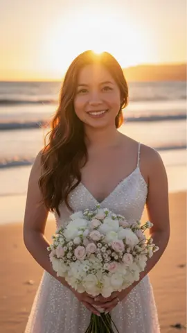 #gimini photo, #hình AI, #bridal picture, #beach #travel  1. Use the exact face and figure of the bride in the attached photo (face, eyes, facial structure, eyebrows, nose, lips, and body must remain 100% identical—no modifications allowed). A radiant young woman with long, flowing wavy brown hair, gazing directly at the viewer with a warm, joyful smile, holding a voluminous bouquet of vibrant roses, dressed in an elegant shimmering spaghetti strap dress, standing on a serene sandy beach during a breathtaking golden hour sunset, with the sun's reflection glittering on the ocean and distant blurred mountains in the background, photorealistic, hyperrealistic, medium close-up shot, cinematic lighting, dramatic backlighting, prominent rim lighting, soft ambient light, shallow depth of field, bokeh, highly detailed, intricate textures, natural skin, 8k, award-winning professional portrait photography, vibrant colors, warm tones, dreamy atmosphere, Unreal Engine 5. 2. Use 100% my uploaded face as the identity reference, keeping the face natural and realistic with correct proportions and skin texture.. A young woman, smiling brightly, with long wavy brown hair, sitting on a pristine sandy beach, looking over her shoulder towards the viewer. She is wearing an elegant, shimmering champagne-colored spaghetti strap dress. The scene is bathed in the warm, soft glow of golden hour sunset, with the sun reflecting brilliantly on the calm ocean water in the background, and distant mountains silhouetted against the sky. Cinematic backlighting, ethereal, dreamlike atmosphere, shallow depth of field, beautiful bokeh, photorealistic, ultra detailed, hyperrealistic, 8k, professional photography, natural light. 3. Use the exact face and figure of the bride in the attached photo (face, eyes, facial structure, eyebrows, nose, lips, and body must remain 100% identical—no modifications allowed).  A beautiful young woman with long wavy brown hair, wearing a shimmering champagne-colored spaghetti strap gown, sitting gracefully on a wooden swing adorned with seashells, positioned between two tall palm trees on a tropical sandy beach. She holds a vibrant bouquet of yellow sunflowers and pink roses, looking back over her shoulder at the viewer with a radiant, joyful smile. Golden hour sunset casts a warm, soft glow across the scene, with the sun reflecting on the calm ocean water in the background and distant mountains silhouetted. Professional photograph, highly detailed, hyperrealistic, exquisite skin texture, sharp focus on subject, soft background bokeh, cinematic lighting, volumetric light, rim lighting, 8k, ultra HD, serene, romantic atmosphere.