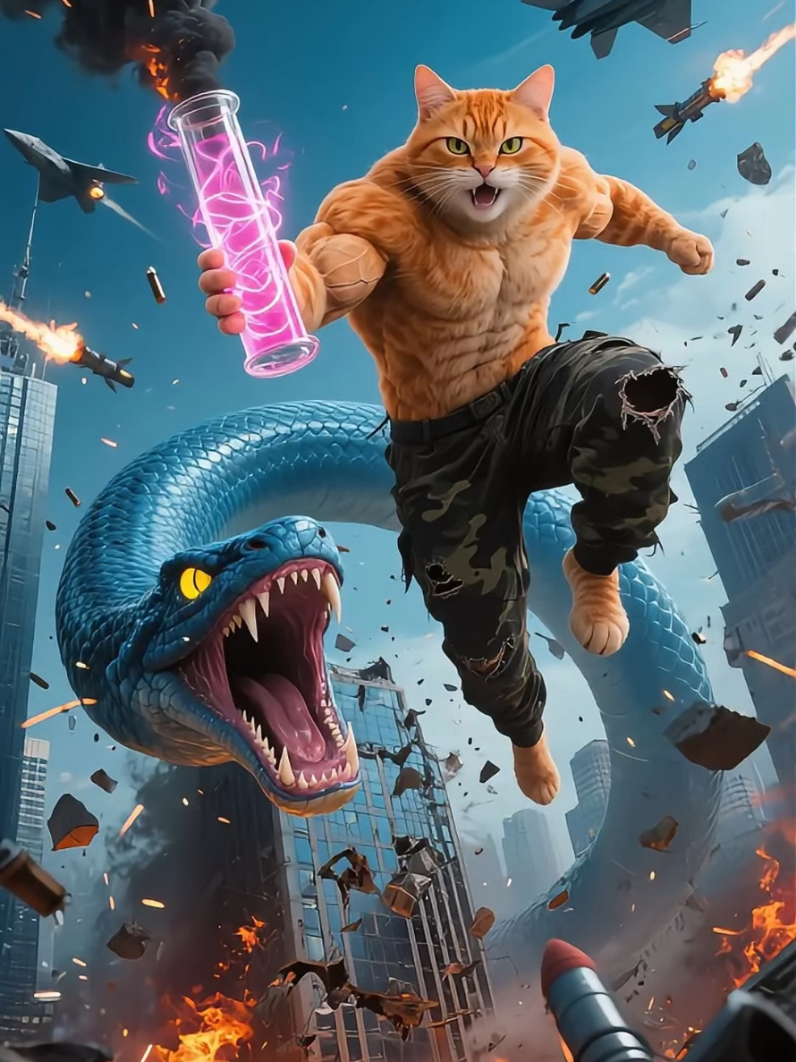 القط مياو 😺 البطل يواجه الثعبان الأزرق المتحوّل الذي يدمّر المدينة!🐍🔥 | الجزء الأول #orangecat #aicat #cat #catstory #viral 