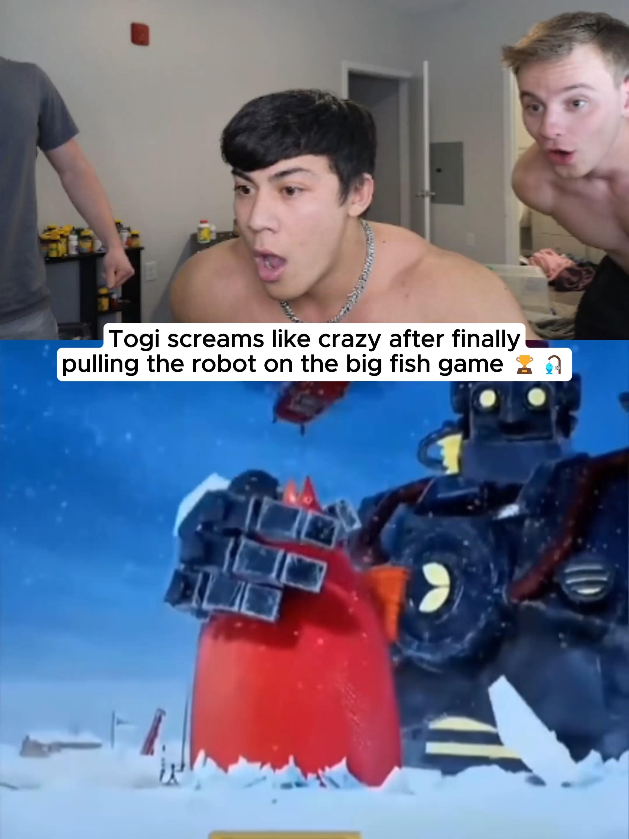 Togi screams like crazy after finally pulling the robot on the Ice Fishing game 🎣🏆 #kickstreaming