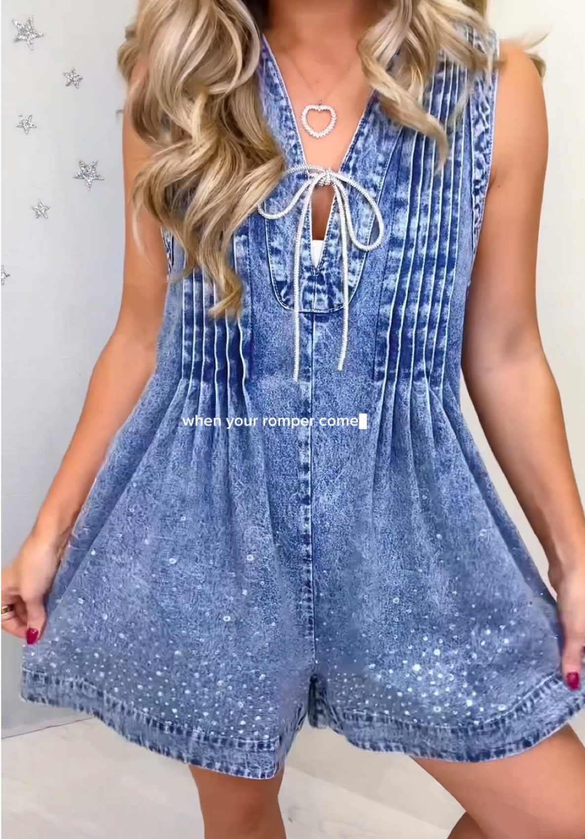 y’all have been asking… and she’s BACK!✨ introducing— the romper with rhinestones, pleated denim, hidden snaps, and the most amazing fit in S–2X. grab yours before they sell out again! 💎 💙✨ #romper #sparkle #denim #rhinestones #sparkly 