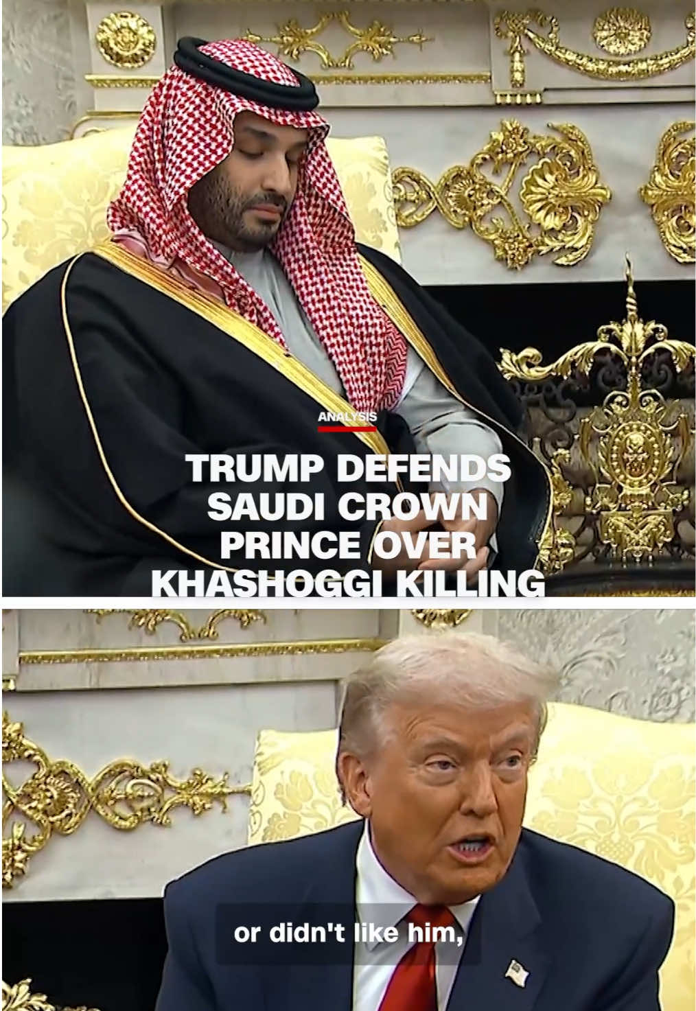 President Donald Trump dismissed a question about the 2018 murder of Jamal Khashoggi, claiming that the Saudi dissident journalist was “extremely controversial” and that raising the subject in his meeting with Saudi Crown Prince Mohammed bin Salman was meant to embarrass his visitor. CNN's Kaitlan Collins reports.