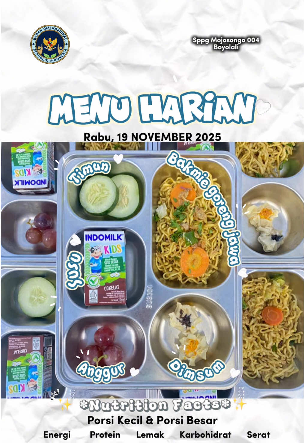 *Menu* - Bakmie goreng jawa - Dimsum - Susu - Lalapan - Anggur ✨ *Nutrition Facts*✨ Porsi Kecil Energi 427,7 kkal Protein 16,4 g Lemak 5,9 g Karbohidrat 78,8 g Serat 3,6 g Porsi Besar Energi 497,3 kkal Protein 18,8 g Lemak 5,9 g Karbohidrat 93,9 g Serat 4,2 g #mbg #bgn #mojosongo004 #yayasanggartrimartha #makananberguzigratis 