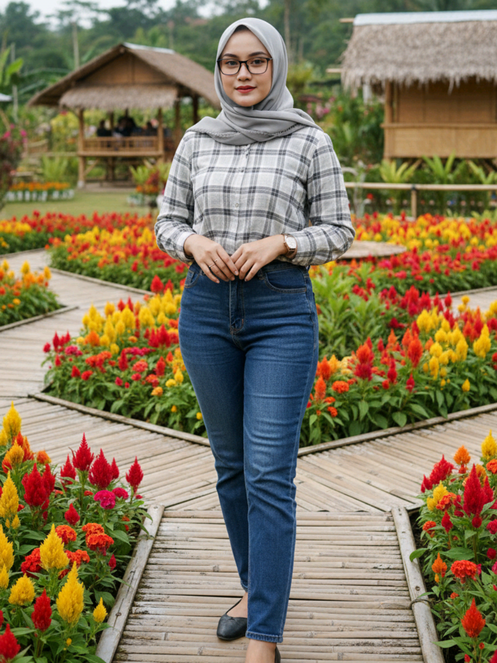 Prompt Ai wanita berdiri di atas platform dan jalan setapak berbahan bambu yang membentuk pola melingkar Buatkan gambar hyper-realistic, wajahnya sama persis dengan foto referensi (100% tanpa perubahan pada wajah, mata, struktur wajah, alis, hidung, bibir dan juga jangan merubah bentuk badan) Seorang wanita bergaya berdiri dengan percaya diri di Jalan setapak bambu: Subjek berdiri di atas platform dan jalan setapak berbahan bambu yang membentuk pola melingkar, memberikan nuansa alami dan tradisional yang dikelilingi bunga celosia berwarna merah, kuning, dan oranye yang semarak. Ia mengenakan Hijab: Warna abu-abu muda Model sederhana, dililit rapi tanpa aksesoris Bahan terlihat ringan dan jatuh Atasan (Blouse): Kemeja motif kotak-kotak (plaid) Warna kombinasi abu-abu, putih, dan sedikit tone lembut Lengan panjang Dipakai dengan gaya dimasukkan ke celana (tucked in) Bawahan (Celana): Celana jeans biru gelap (high-waisted) Potongan straight fit Kesan kasual dan rapi Alas Kaki: Flat shoes warna hitam Model simpel, tanpa hak Aksesori: Kacamata (dipakai) Jam tangan di pergelangan kiri Cincin halus di tangan kiri Latar belakangnya menampilkan taman luar ruangan bergaya pedesaan dengan bangunan bambu dan gubuk beratap jerami, tanaman tropis, dan suasana penuh warna yang cerah. Cahaya alami yang lembut, warna-warna cerah, fokus yang tajam, estetika taman yang semarak, fotografi perjalanan luar ruangan, resolusi tinggi.  #hijab #fypage #fypシ゚ #fyppppppppppppppppppppppp #fyp 