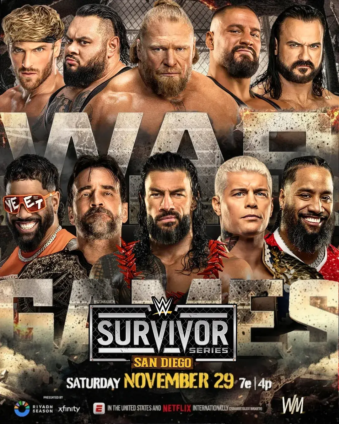 Men's war games Match Roman Reigns, CM Punk, Cody Rhodes, Jey and Jimmy Uso vs Brock Lesnar, Drew Mcintyre, Logan Paul, Bron Breakker and Bronson Reed .                  Survivor Series 2025 Saturday | November 29 San Diego, California .  #WWE #SurvivorSeries #Wargames #survivorserieswargames #survivorseries2025 