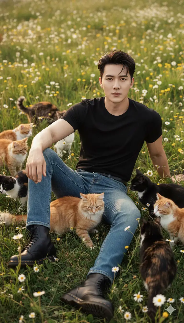 Tạo một bức ảnh siêu thực của người được tham chiếu (giữ nguyên khuôn mặt, kiểu tóc và tông màu da chính xác từ ảnh tham chiếu - không làm thay đối cấu trúc khuôn mặt). Anh ta đang ngôi tình cờ trong một cánh đồng tươi tốt xanh lá cây được bao quanh bởi nhiều con mèo thuộc nhiều giống và màu sắc khác nhau - một số nghỉ ngơi gần đó, những người khác tò mò nhìn anh ta. Anh mặc một chiếc áo phông đen vừa vặn làm nổi bật cánh tay và ngực săn chắc của mình, kết hợp với quần jean denim ôm xanh da trời và giày Doc Martens màu đen. Những bông hoa dại nhỏ màu trắng và vàng nở tự nhiên xung quanh anh, hòa quyện nhẹ nhàng vào cỏ tươi. Tâm trạng tổng thể là bình tĩnh, chân thực và hiện đại dễ dàng, thể hiện thấm mỹ Gen Z - thoải mái, dễ tiếp cận nhưng phong cách. Tư thế của anh ấy có cảm giác không bị che khuất - hơi ngả người ra sau, một tay lướt cỏ, tay kia nhẹ nhàng vuốt ve một con mèo. Biểu cảm của anh ấy rất tự nhiên và thanh thản, như thể đang tận hưởng một khoảnh khắc yên tĩnh ngoài trời. Ánh sáng ban ngày dịu nhẹ, vàng và khuếch tán, với những điểm nhấn nhẹ nhàng trên khuôn mặt và một làn gió nhẹ di chuyển qua bãi cỏ. Bầu không khí yên bình, chân thực và điện ảnh - các kết cấu vải, tóc và da sống động như thật với hạt màng nhẹ. Bố cục nên giống như một bức ảnh thời trang biên tập, không phải phim hoạt hình - không có 3D, không có hình minh họa, chủ nghĩa hiện thực nhiếp ảnh nghiêm ngặt. Sử dụng tông màu tự nhiên ấm áp (ô liu xanh lá cây, màu be, ánh sáng mặt trời vàng) và độ sâu trường ảnh nông đế tách đối tượng khỏi nền. Tham khảo phong cách: Vogue Man Korea x Uniqlo Lifewear biên tập ngoài trời - ánh sáng ban ngày tự nhiên, chỉnh sửa tối thiểu, chủ nghĩa hiện thực cảm xúc, sự bình tĩnh của Gen Z Từ khóa, chủ nghĩa siêu thực, ánh sáng tự nhiên mềm mại, biên tập lối sống, bình tĩnh điện ảnh, fashion-meets-nature, hòa hợp với động vật, chủ nghĩa hiện thực cảm xúc, ánh sáng ban ngày tông màu vàng, không thay đổi khuôn mặt