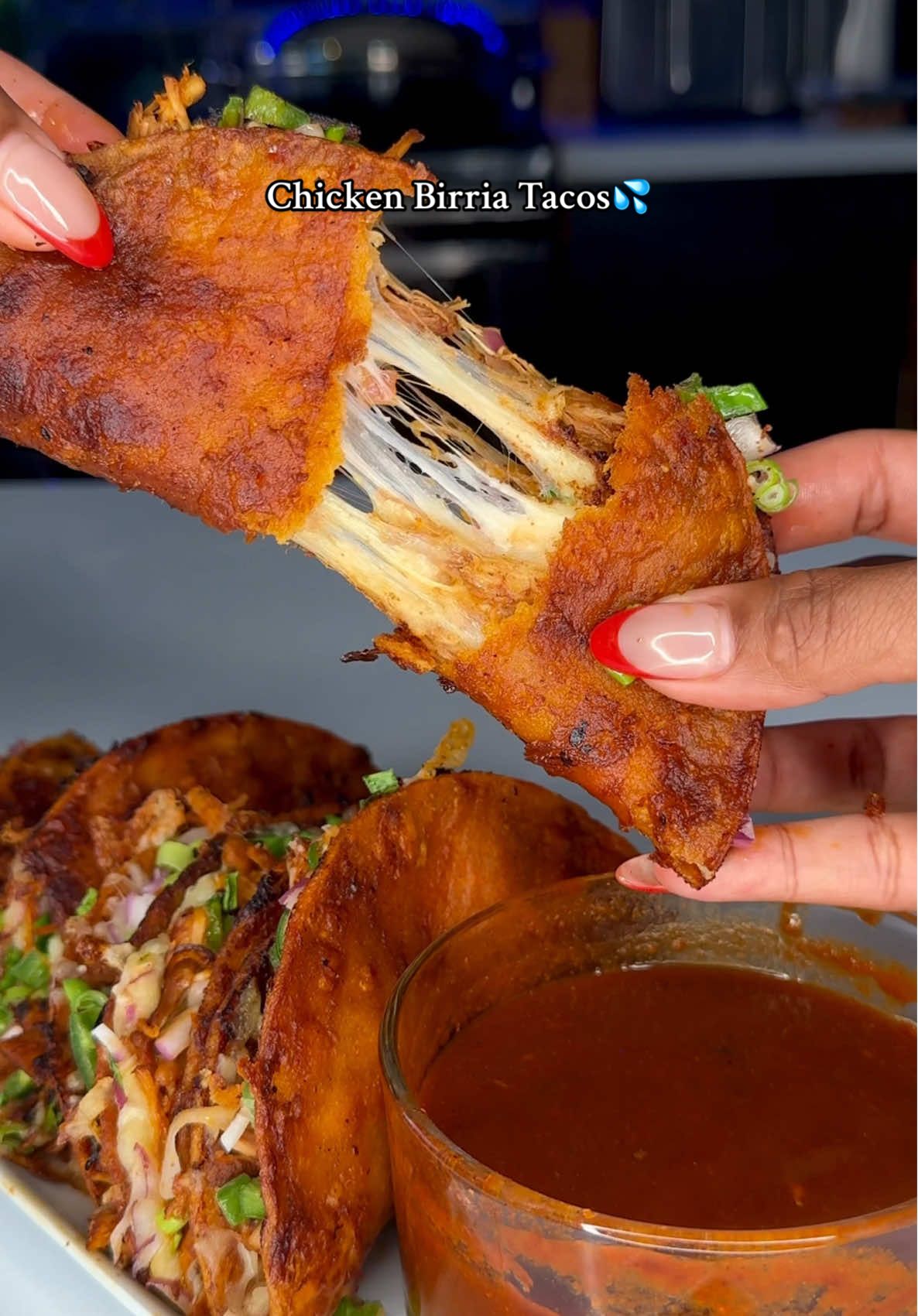 Chicken Birria tacos💦 Taco Tuesday! 1.5  pounds boneless and skinless chicken thighs   Seasoning: 1 tsp Sazon 1/2 tsp cumin  1 1/2 tsp onion powder 1 tsp garlic powder 1 tsp Mexican all-purpose seasoning  4-5  Mexican style peppers  1 birria bomb  5 garlic cloves 1 T, avocado oil Mozzarella cheese  Yellow corn tortillas  1/2 red onion  1 Jalapeño  4-6 cups, water  Cook the chicken on medium low heat for 30 to 35 minutes.  The last 15 minutes at the blended sauce to the pot.  #fyp #foodtiktok #cookwithme #privatechef #cooking 