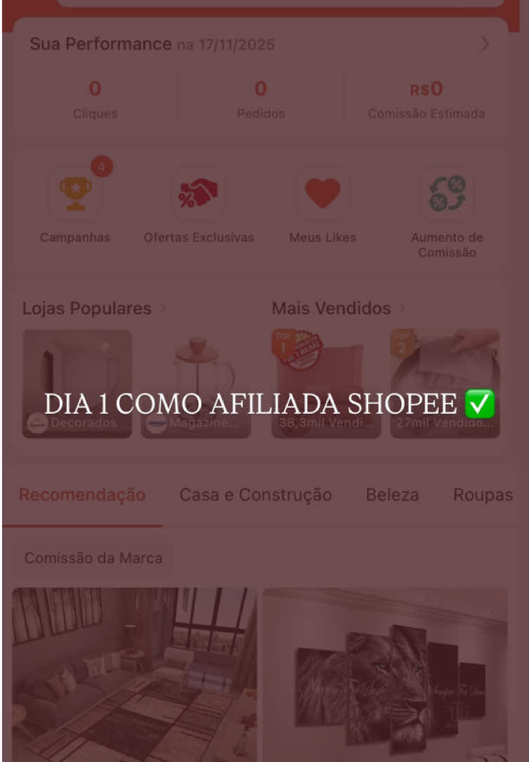 Primeiro dia 🎯✅ Bora destravaarrrr . . . . . #shopee #videos #afiliados #internet 