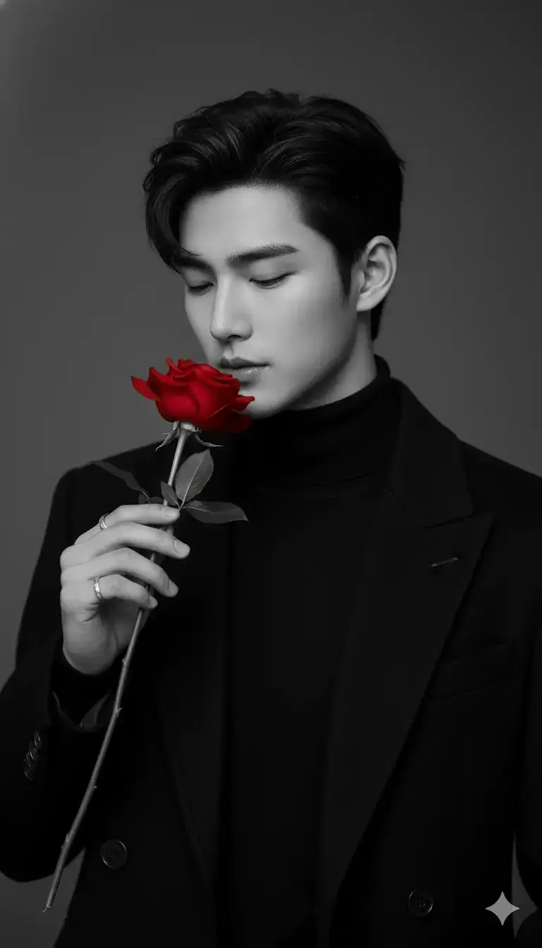 1. Open Gemini 📲 2. Upload photo:📸 3. Paste reminder:👇 A monochrome cinematic portrait of a young man holding a single red rose close to his face, eyes gently closed as he inhales the scent. The entire image is in black and white except for the rose, which remains a vivid, saturated red. The young man has well-styled voluminous hair and a sharp jawline. He now wears a fitted black turtleneck sweater layered under a long black wool overcoat with structured shoulders, adding elegance and a modern minimalist aesthetic. Soft studio lighting from the side creates smooth shadows and depth on his face, enhancing the clean textures of the coat and the contrast with the dark background. His hand, adorned with rings, delicately holds the stem of the rose. Neutral dark background, high-contrast tones, ultra-sharp details, 4K ultra-realistic portrait photography.#aisieu #aiart #photo #gemini #fyp 