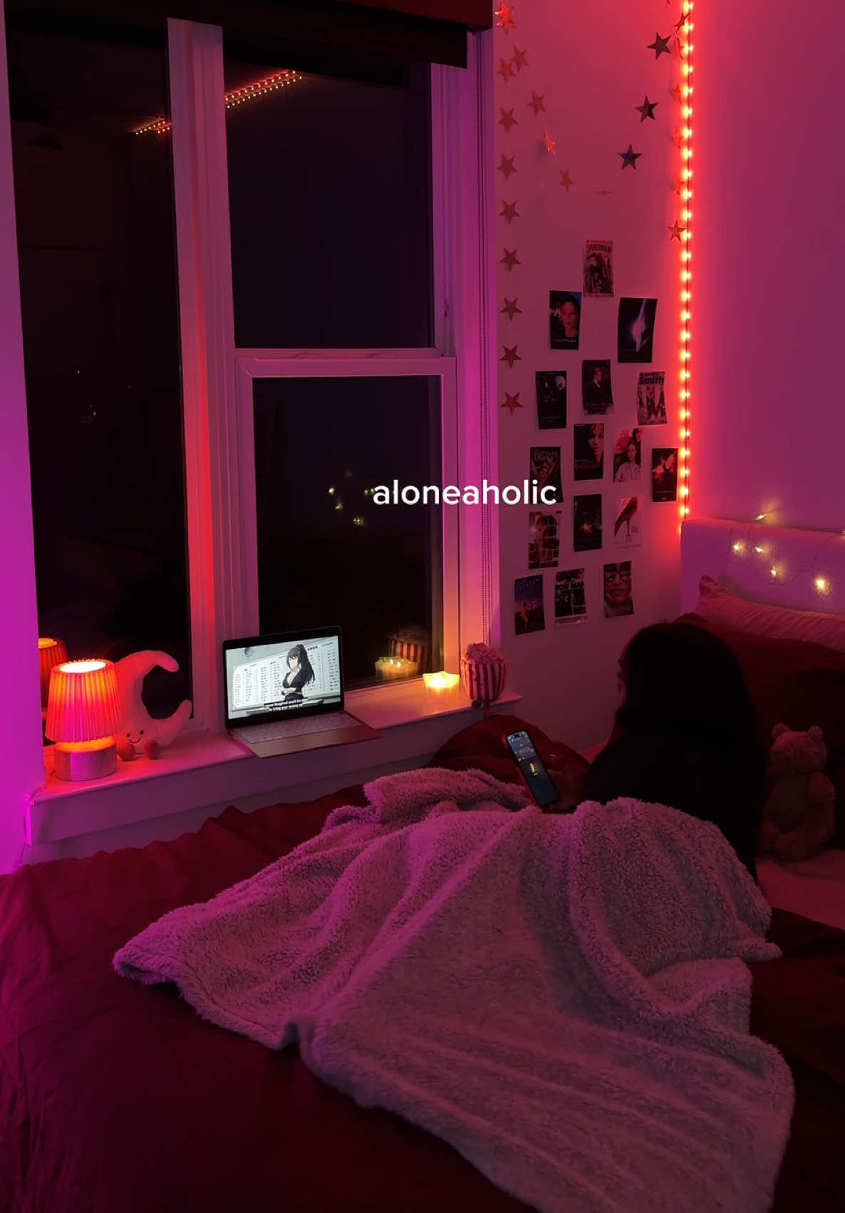 Love my alone time . 🧸✨☁️ #alone #alonetime #cozyhome #ledlights #bedroom 