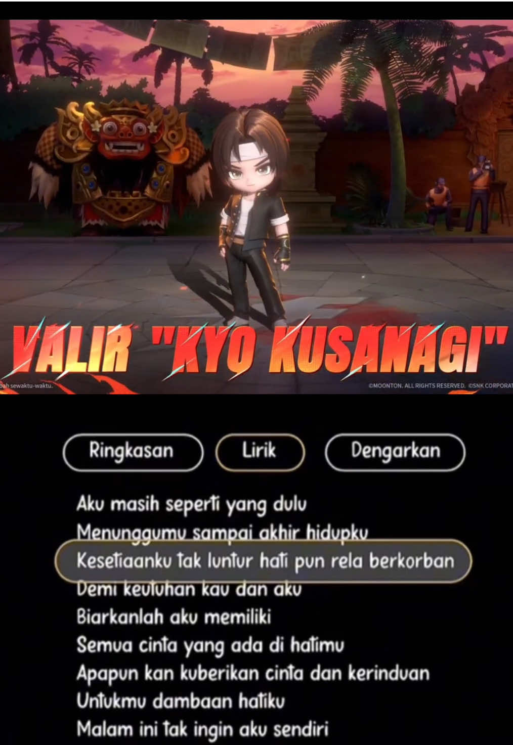 “Tak Ingin Sendiri | Dian Piesesha” Skin Kolab KOF - Valir 'Kyo Kusanagi' - MCGG Unduh dan mainkan mcgg di link diatas sekarang juga!#liriklagu #takinginsendiri #dianpiesesha #laguviral #lirik #lyrics #karaoke #karaokean #karaoketiktok #liriklaguviral #masukberandafyp #MCGGFightersReborn #MagicChessGoGo #MCGG 