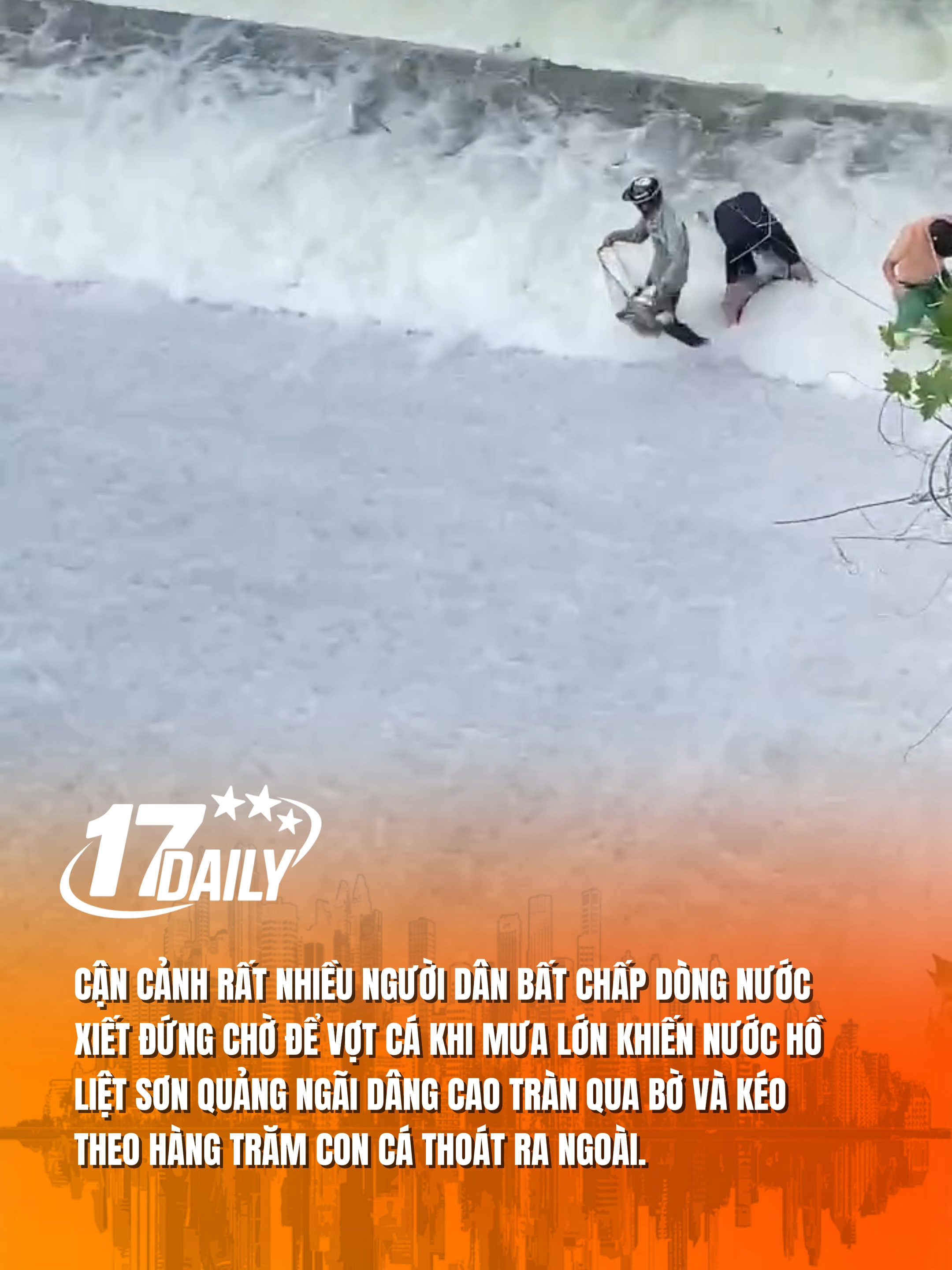Cận cảnh rất nhiều người dân bất chấp dòng nước xiết đứng chờ để vợt cá khi mưa lớn khiến nước hồ Liệt Sơn Quảng Ngãi dâng cao tràn qua bờ và kéo theo hàng trăm con cá thoát ra ngoài.#17daily #17network #lũlụt #lulutmientrung #quangngaicity #fyp