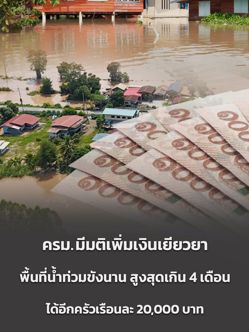 ครม.มีมติเพิ่มเงินเยียวยาจากเดิม 9,000 บาท ให้พื้นที่น้ำท่วมขังนาน แบบขั้นบันได 1-2 เดือนได้เพิ่ม 5,000 บาท สูงสุด 4 เดือนขึ้นไป 20,000 บาท  #ครมมีมติเพิ่มเงินเยียวยาจากเดิม9000บาทให้พื้นที่น้ำท่วมขังนาน #กระทรวงมหาดไทย #กระทรวงทรัพยากรธรรมชาติและสิ่งแวดล้อม #4เดือนทําทันที  #นโยบายรัฐบาล20กระทรวง   