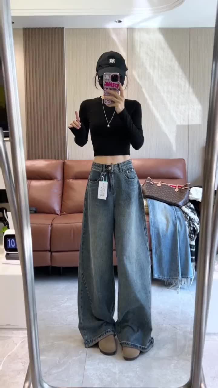 wide leg xxl skiny jeans 2025 New Hot-Selling Spring and Autumn Straight Wide-Leg Jeans for Women, Petite High-Waisted Slimming Narrow Loose Pants slit skirts skinny flare napkin maxi womenswear short  on collection everyday denim two hollis 