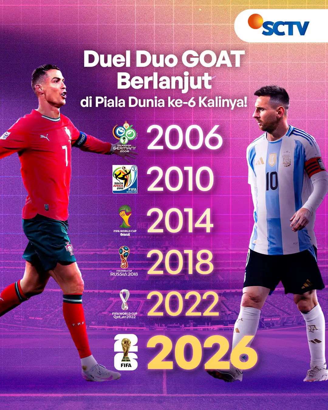 Duel duo GOAT akan kembali tersaji di Piala Dunia 2026! 🔥🐐 Untuk keenam kalinya, dua legenda ini siap memimpin negara masing-masing dalam perebutan gelar juara dunia. #SCTVSports #NewsSCTVSports
