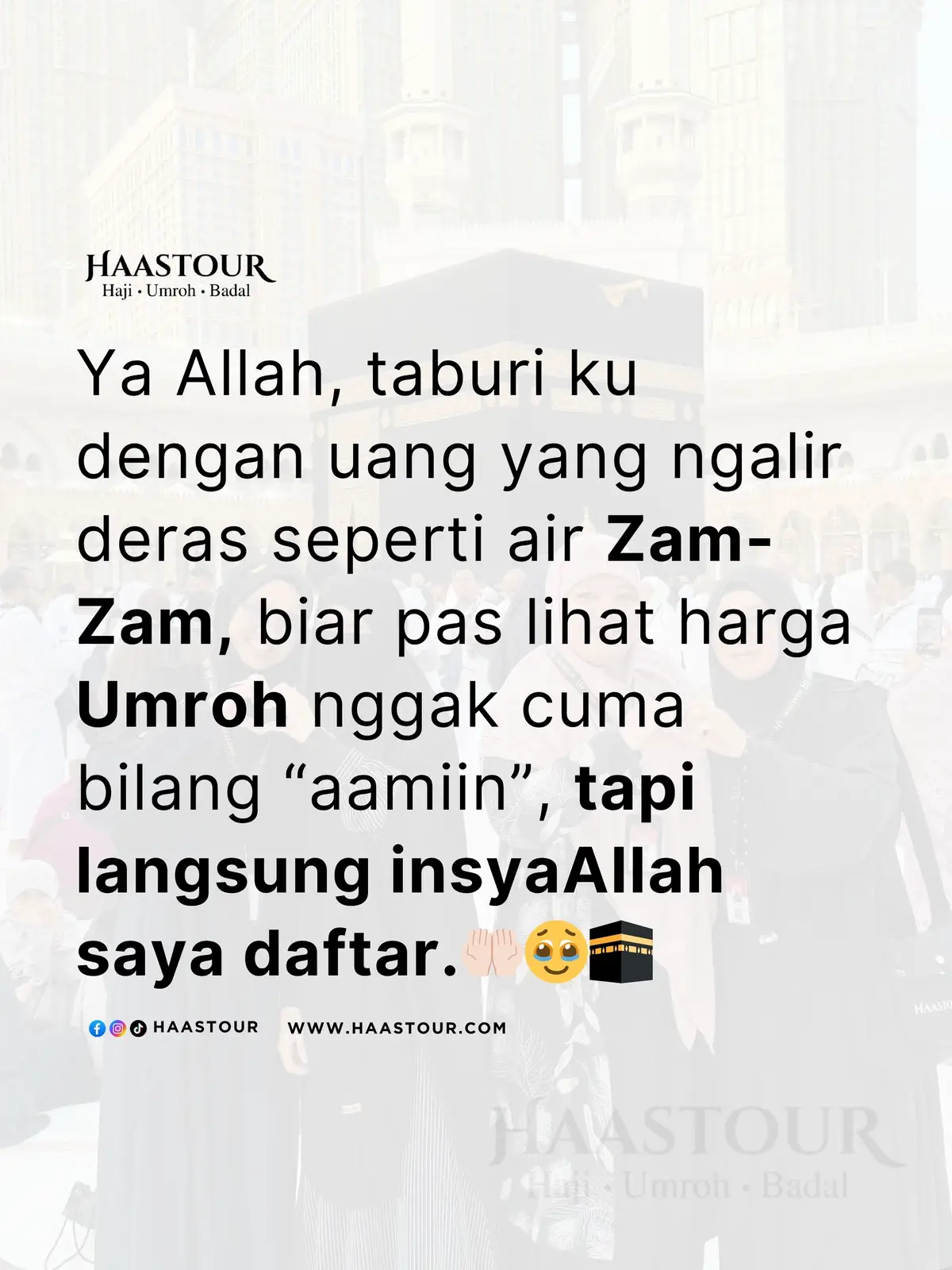 Ya Allah, taburi ku dengan rezeki yang deras dan berkah seperti air Zam-Zam. Biar kalau lihat harga Umroh, bukan cuma bilang “aamiin”, tapi langsung “insyaaAllah saya daftar.” 🤲✨ Bismillah, semoga kita semua disegerakan jadi tamu-Mu. 🕋🤍 UMROH RAMADHAN SENILAI HAJI✨🕋 🌙 21 Februari 2026 – 1 Maret 2026 (9 Hari) Rasulullah ﷺ bersabda : Sesungguhnya umroh di bulan Ramadhan senilai haji bersamaku. (HR. Bukhari no. 1863, Muslim no. 1256) 📍 Dua Pilihan Paket Spesial: 💛 PAKET MAWADDAH — Mulai 45 Juta 🏨 Hotel Makkah Ajyad Makarem (150m Masjidil Haram) 🏨 Hotel Madinah Concorde Dar Al Khair (100m Masjid Nabawi) 💎 PAKET RAHMAH — Mulai 55 Juta 🏨 Hotel Makkah Marwa Rayhan Rotana (0m Masjidil Haram) 🏨 Hotel Madinah Al Aqeeq (50m Masjid Nabawi) ✈️ Direct Flight by Garuda Indonesia  💰 DP 5 Juta | Harga All In (kecuali paspor & vaksin) 📲 Info & Pendaftaran: 0812-500-100 📌 Pembayaran sah hanya ke rekening resmi PT. Haas Berkah Indonesia Jadikan Ramadhan 2026 sebagai perjalanan ibadah yang penuh keberkahan. InsyaAllah aman, resmi, dan nyaman bersama HAASTOUR. #HAASTOUR #UmrohR#HAASTOURU#UmrohRamadhanh#Umroh2026a#UmrohBersamaUstadzi  