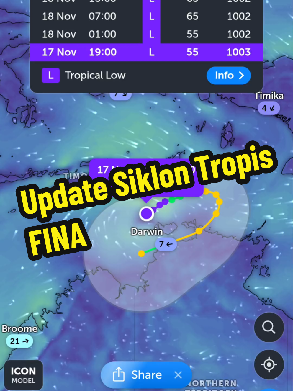 Update Siklon Tropis FINA dalam beberapa hari kedepan. Prakiraan berkembang dari L menjadi C1 maupun C2 cukup pesat, diperkirakan di tanggal 19-21 November menjadi titik terkuat siklon tropis ini. Dampak angin kencang yang terkonsentrasi di wilayah perairan Utara Australia (Laut Timor & Laut Arafura). Bagi Indonesia wilayah yang kemungkinan terdampak ekor angin kencang adalah wilayah NTT dan Maluku bagian selatan.#hujan🌧️ #cuacaekstrem #anginkencang #angin #fyp 