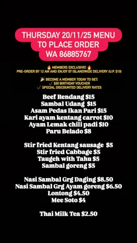 🍽️Delivery Menu🍽️ Date : Thursday 20th Nov 2025 📍Self Collection :  32 Old Toh Tuck Road #01-17 I.Biz Centre  Singapore 597658 ❌ Minimum Order 🚚 $10 Delivery Islandwide  Except for ; SENTOSA , TUAS  & CHANGI AIRPORT  is $15 Delivery 🚚 1st Slot Delivery 10am-1pm 🚚2nd Slot Delivery 1pm-4pm To Order,Kindly contact 📲Call/WhatsApp 86885767  ‼️For Fast Respond‼️ 🚨We also provide ✅ Daily Office Lunch Box  ✅Event & Parties  *Main 2-3pax* Beef Rendang $15 Sambal Udang  $15 Asam Pedas Ikan Pari $15 Kari ayam kentang carrot $10 Ayam Lemak chili padi $10 Paru Belado $8 Stir fried Kentang sausage  $5 *Sides* White rice - $1 Fried Egg - $1 Fried Hotdog - $1 Tempeh - $1 Begedil - $1 Nuggets - $1 Fried chicken wings - $2 *Veggie 2-3pax* Stir fried Cabbage $5 Taugeh with Tahu $5 Sambal goreng $5 *Breakfast* Nasi Sambal Grg Daging $8.50 Nasi Sambal Grg Ayam goreng $6.50 Lontong $4.50 Mee Soto $4 *Air Aroi Mak* Thai Milk Tea $2.50 #BakOhanaNasiPadang  #BakOhanaLovers  #sgfooddelivery  #tiktoklive 