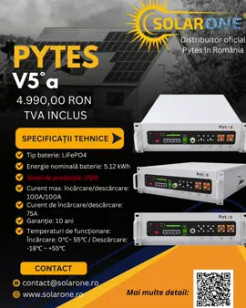 Pytes V5A – 5.12 kWh energie sigură și inteligentă! Disponibil acum la Solar One – Distribuitor Autorizat PYTES. 💰 Preț: 4.990,00 RON 🔋 5.12 kWh reali 🔌 48V LiFePO4 🔥 Încălzire integrată – funcționează la -10°C 📈 ≥6000 cicluri 🧠 CAN & RS485 – compatibilă cu Deye, Growatt, Victron ➕ Scalabilă până la 430 kWh 🏗 Compactă: 44 kg 📦 Livrare rapidă – stoc în România! 👉 Scrie-ne pentru ofertă! #SolarOne #PytesV5A #LiFePO4 #BaterieSolara #OffGrid    