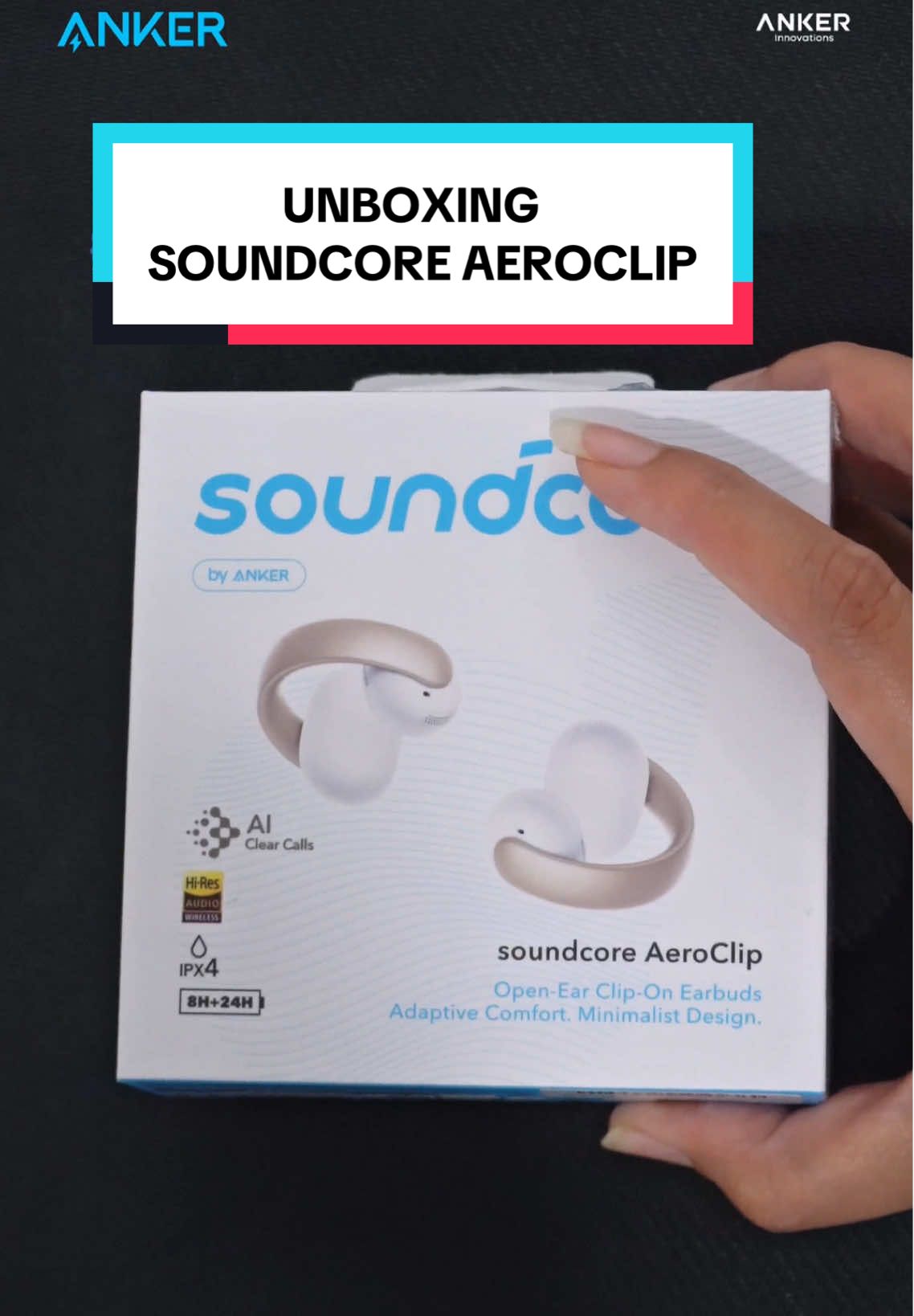 Unboxing Soundcore AeroClip! 🎧✨ Open-ear clip on yang nyaman banget dengan Adaptive Comfort, AI Clear Calls, dan Dynamic Voice Capture. Di dalam box kamu juga dapet: buku panduan, ear grips M/L, dan kabel USB-C. Playtime 8h/24h, tahan cipratan air IPX4, dan siap nemenin aktivitas kamu seharian 🏃🏻‍♀️ Yuk miliki sesuai warna favoritmu sekarang! 🛒 #Soundcore #SoundcoreAeroclip #OpenEar #Audiophile #Anker