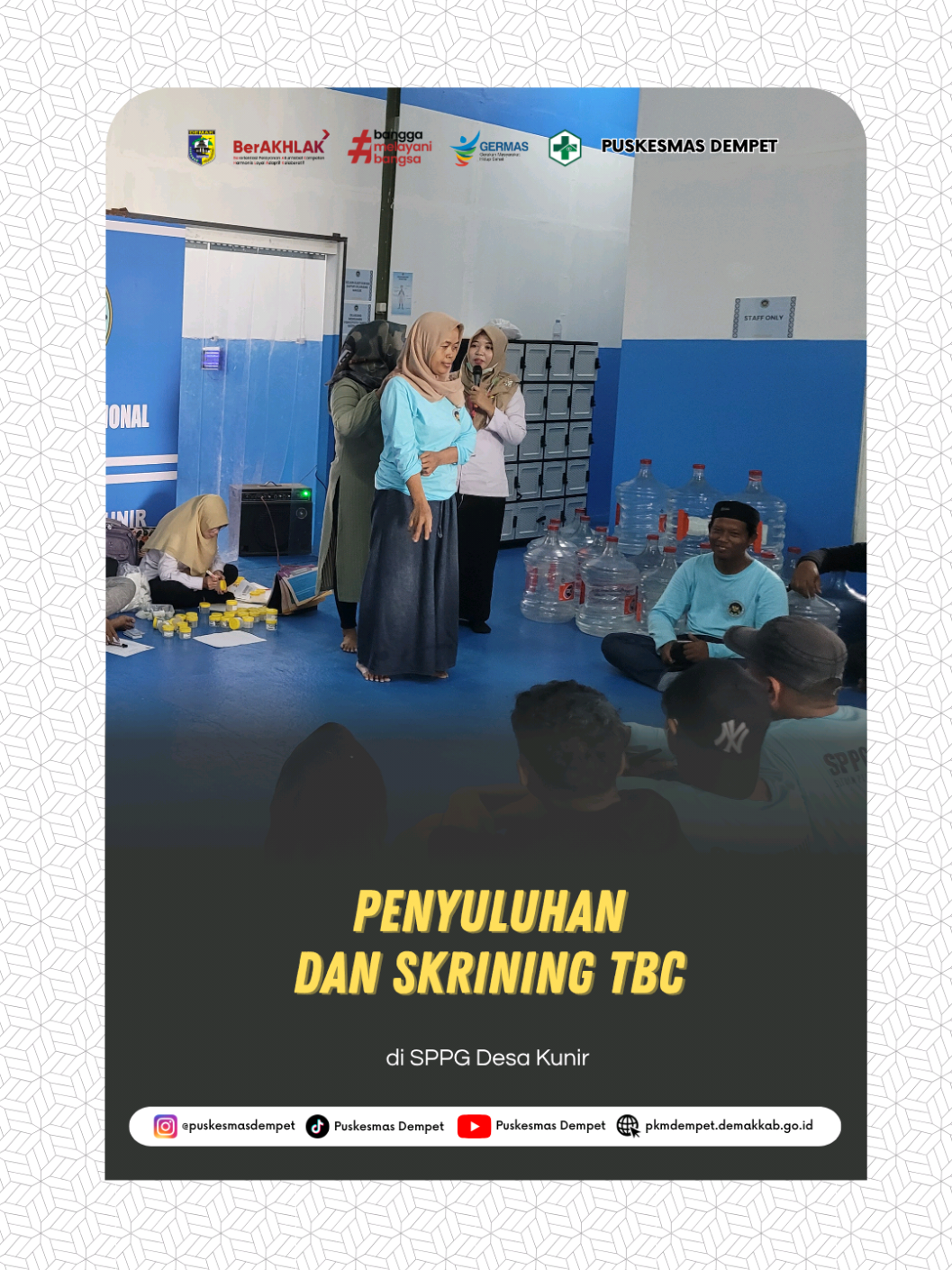Penyuluhan & Skrining TBC di SPPG Desa Kunir Kegiatan ini dilakukan untuk meningkatkan kesadaran masyarakat tentang: ✅ Gejala awal TBC ✅ Cara penularan & pencegahan ✅ Pentingnya skrining dini agar pengobatan lebih cepat & tuntas Mari bersama wujudkan lingkungan bebas TBC!  Temukan, Obati Sampai Sembuh Tuberkulosis 🖐🏻 #tosstbc #puskesmasdempet  ----------------------------- Puskesmas Dempet Jalan Dempet - Gajah Km.1 Dempet, Kabupaten Demak Follow & Contact Us at : Instagram : @puskesmasdempet Tiktok : Puskesmas Dempet Youtube : Puskesmas Dempet Website : pkmdempet.demakkab.go.id