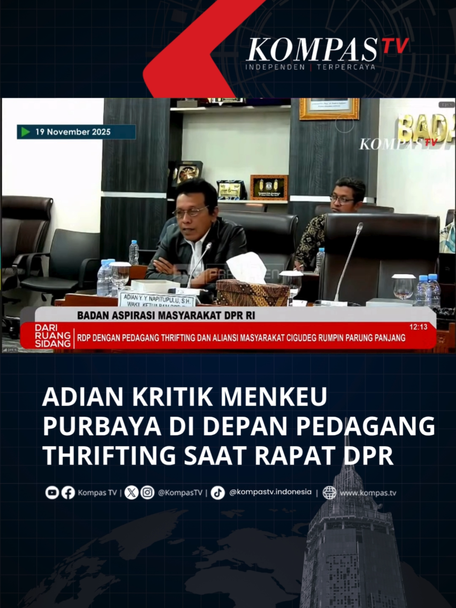 Anggota DPR Fraksi PDIP, Adian Napitupulu, mengkritik aturan pelarangan impor pakaian bekas untuk thrifting oleh pemerintah saat Rapat Dengar Pendapat (RDP) dengan pedagang thrifting di DPR pada Rabu (19/11/2025). “Saya WhatsApp Pak Purbaya, saya ajak dia untuk berdiskusi tentang thrifting,” ujar Adian Napitupulu. “Kalau kemudian generasi Z dan generasi milenial itu, menurut risetnya, 67% menggemari thrifting. Ini artinya bahwa thrifting tidak bisa kita lihat sesederhana yang disampaikan oleh Pak Purbaya,” lanjutnya. Tuliskan komentarmu dan dapatkan berita terkini lainnya di www.kompas.tv serta youtube.com/kompastv #TikTokBerita #SOROTKompasTV