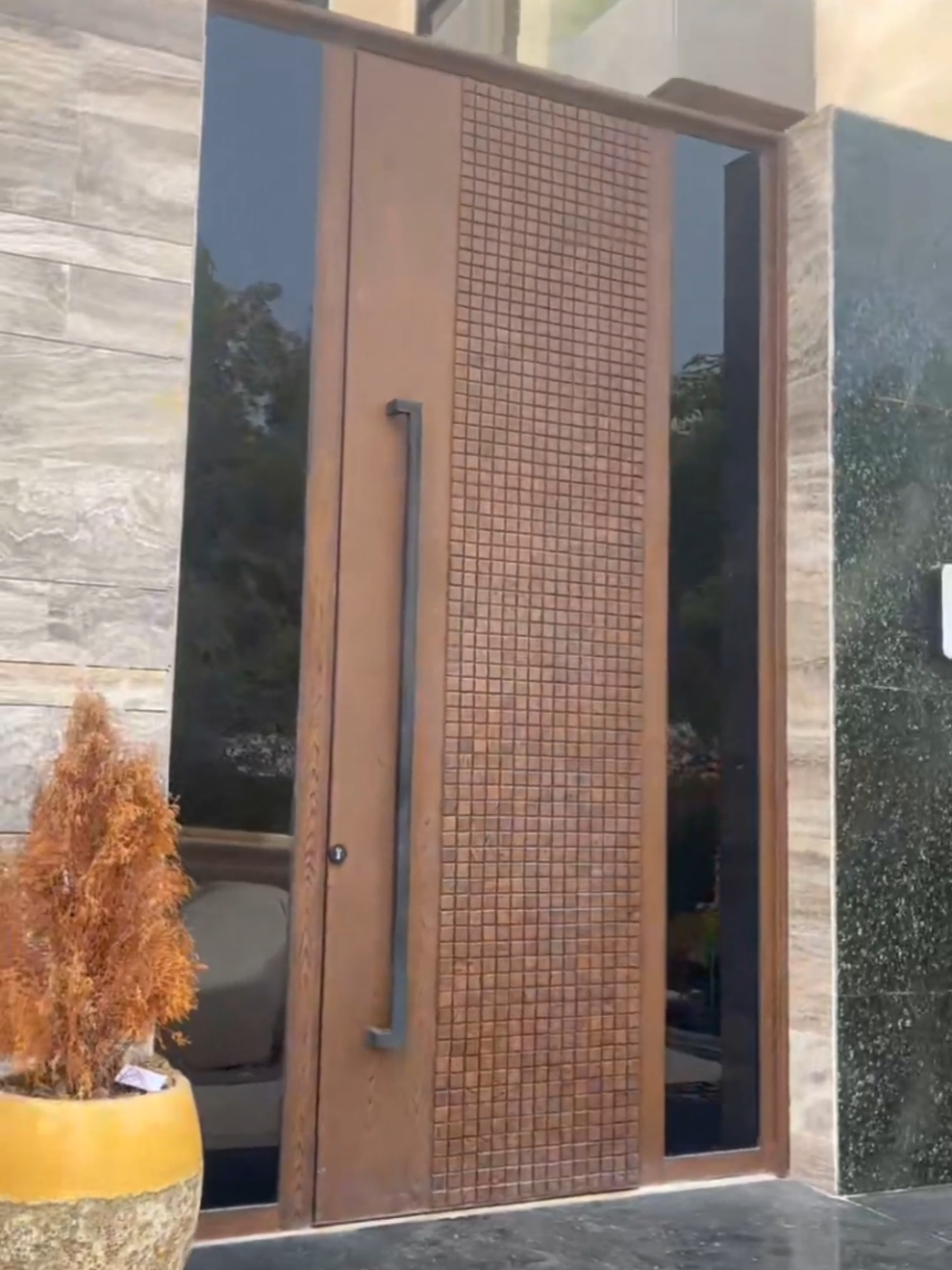 Villa with extra-high pivot gate, 3D grid carving, aluminum door.#securitydoor #pivotdoor #doors #door #safetydoor 